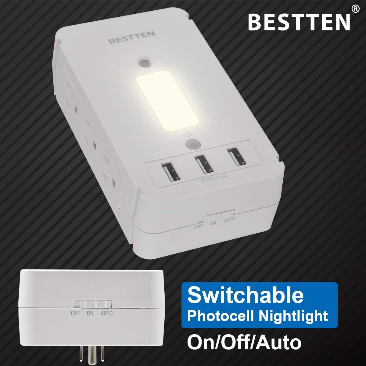 BESTTEN Surge Protector USB Wall Outlet with Shelf, 3 USB Charging Ports (5V/3.4A), 6 Side Outlet, LED Night Light, 1020 Joule Surge Rating and Removable Top Shelf, FCC and SGS Certified