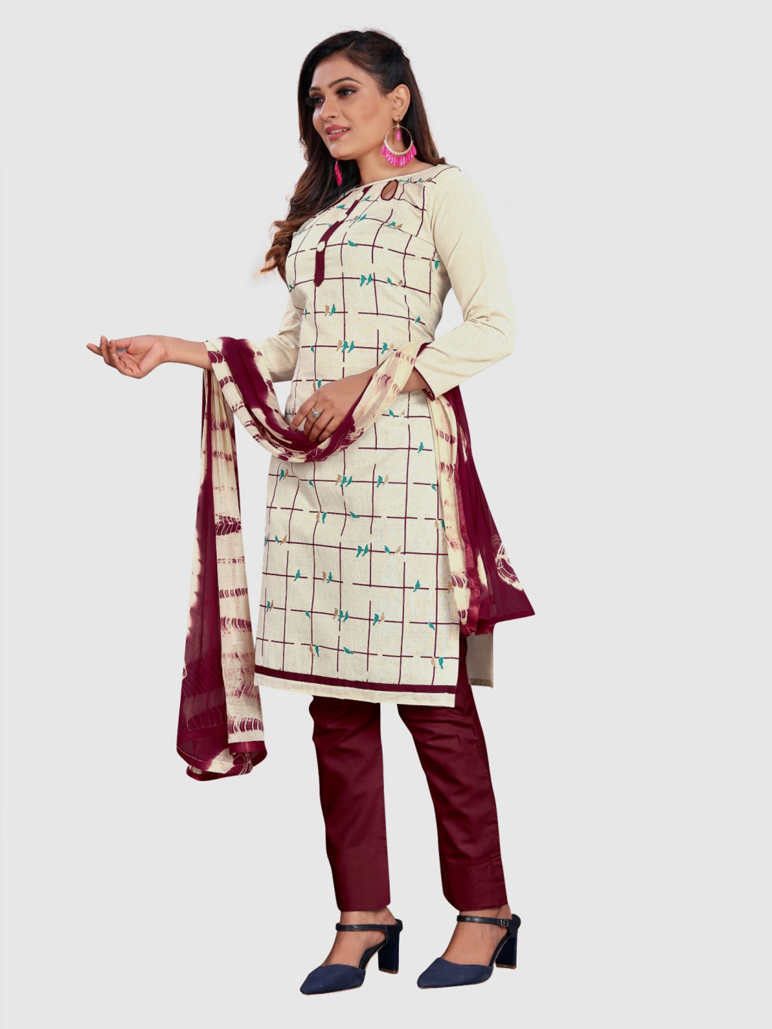 APNISHA Cream & Maroon Cotton Chequered Unstitched Dress Material