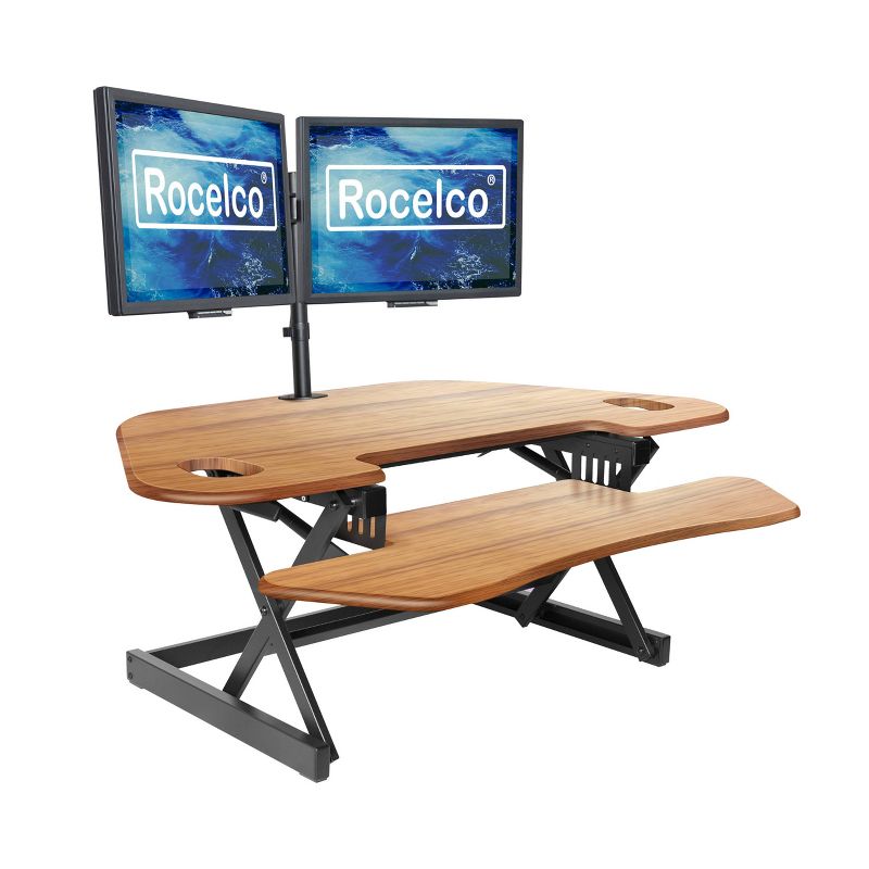 46" Adjustable Height Corner Standing Desk Converter with Dual Monitor Arm Bundle Teak Wood Grain - Rocelco