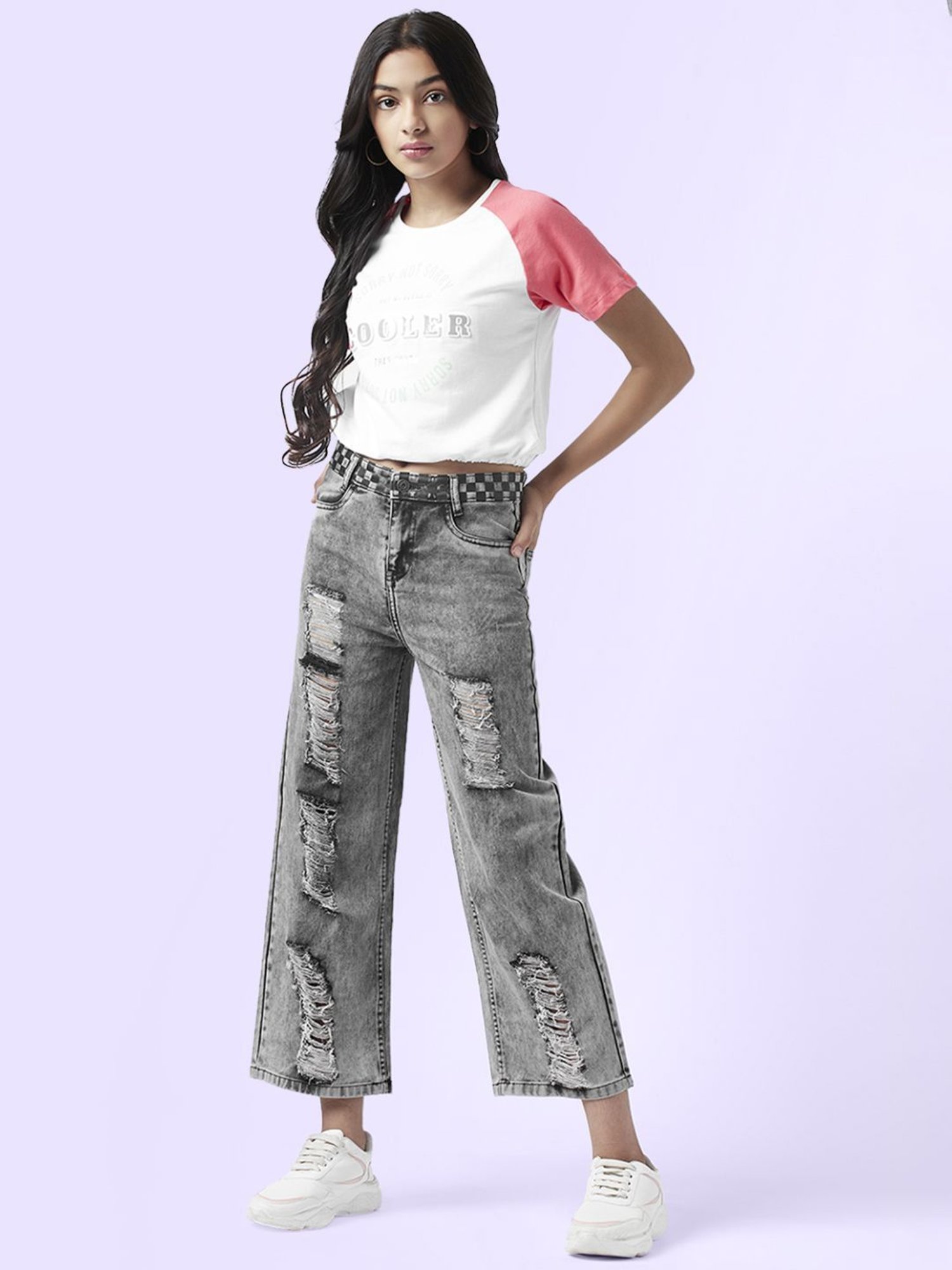 Coolsters by Pantaloons Girls Grey Cotton Distressed Jeans