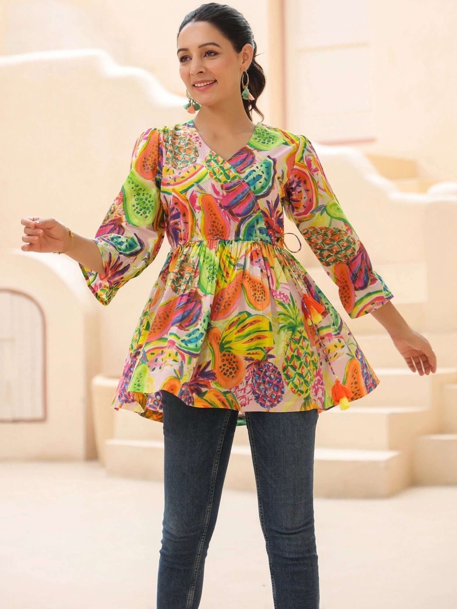 Rain and Rainbow Multicolored Cotton Printed Top