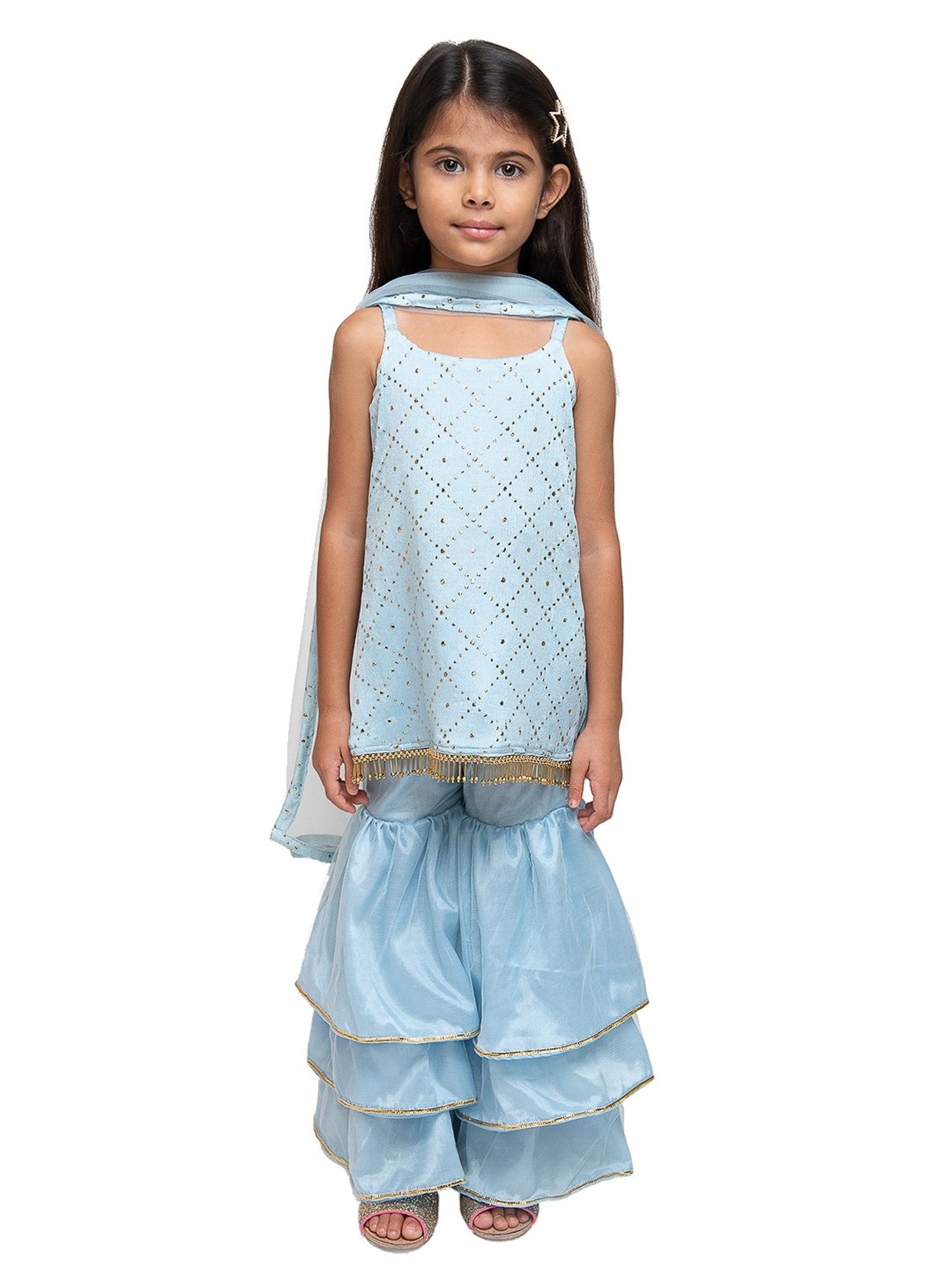Fairies Forever Kids Blue Embroidery Kurta, Sharara With Dupatta