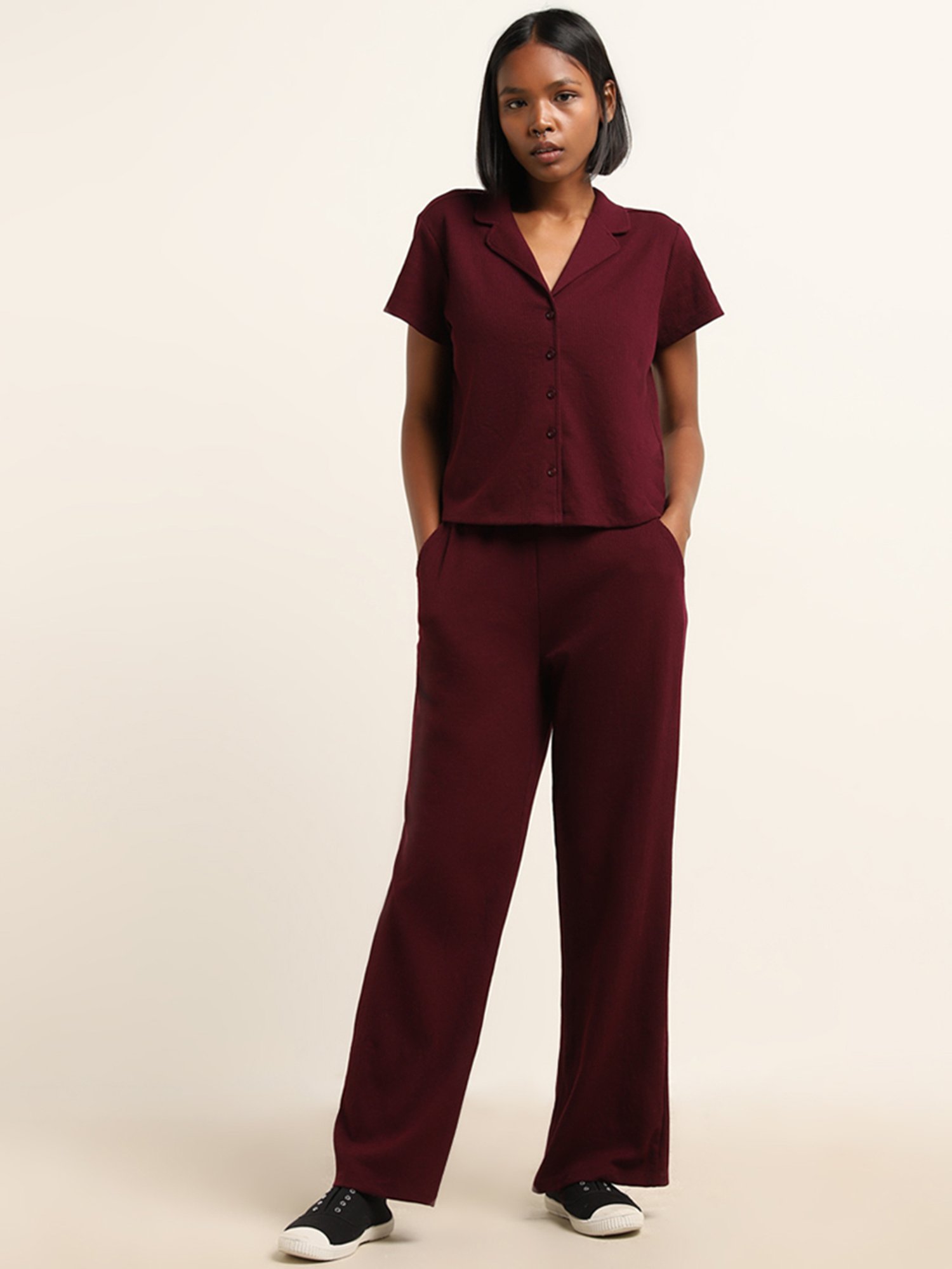 Superstar by Westside Burgundy Ribbed Wide-Leg Mid-Rise Pants