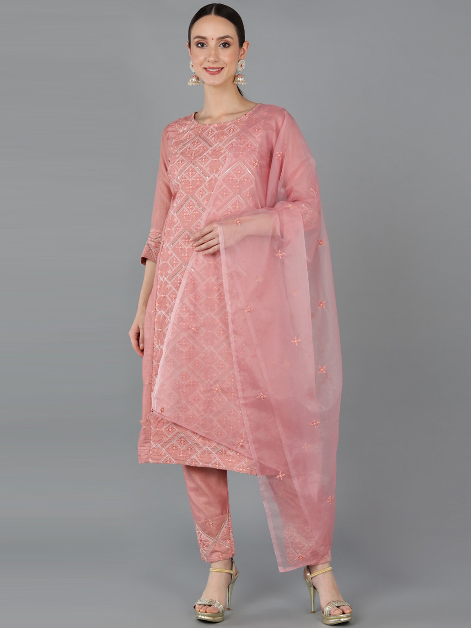 Vaamsi Pink Embroidered Kurta Pant Set With Dupatta