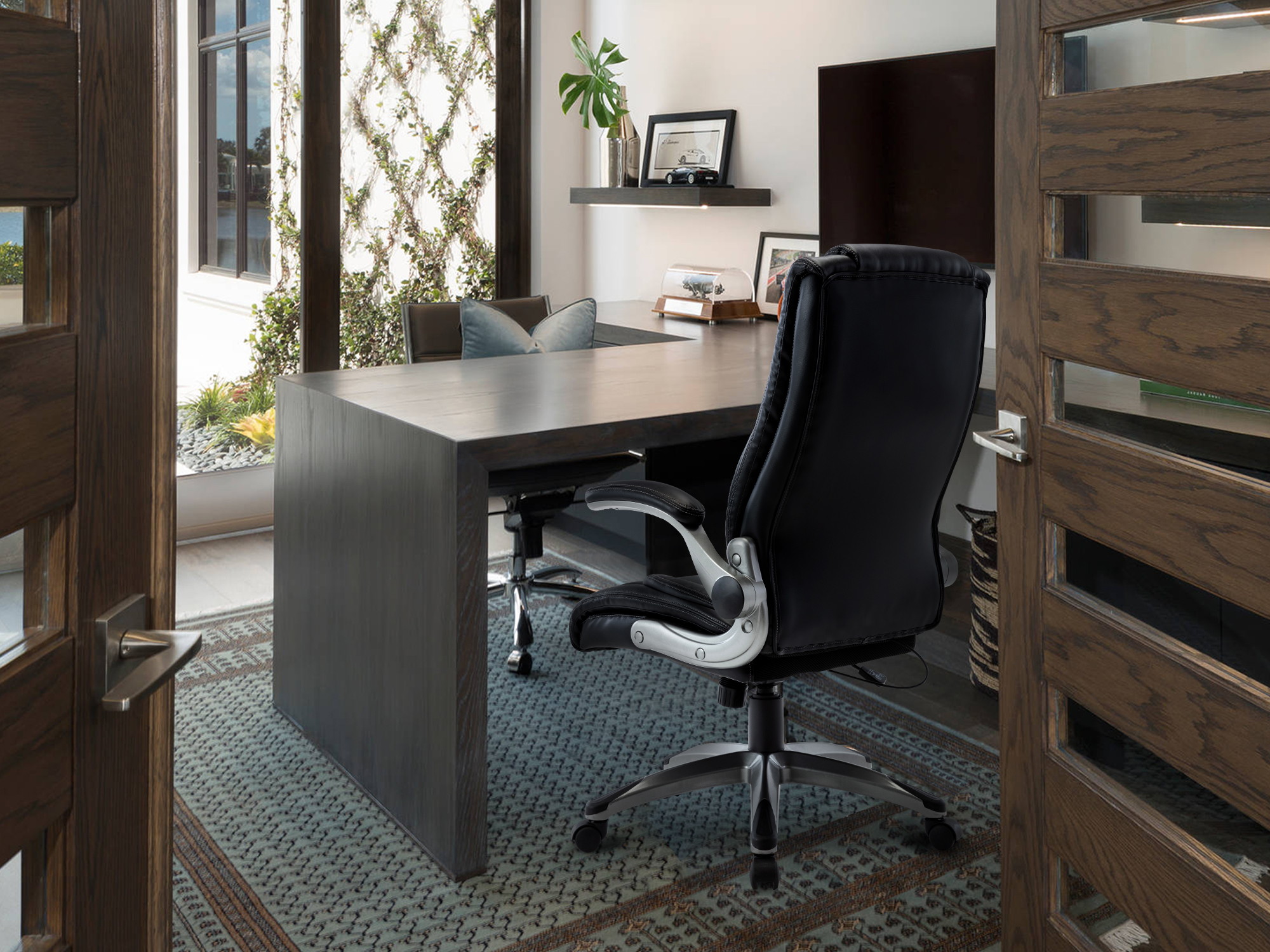 Bonded Leather Multifunctional Office Chair Computer Desk Task Swivel Chair- Adjustable Built-in Lumbar Support, Flip-Up Arms Tilt Angle with Thick Padded Armrest and Headrest for Home&Office