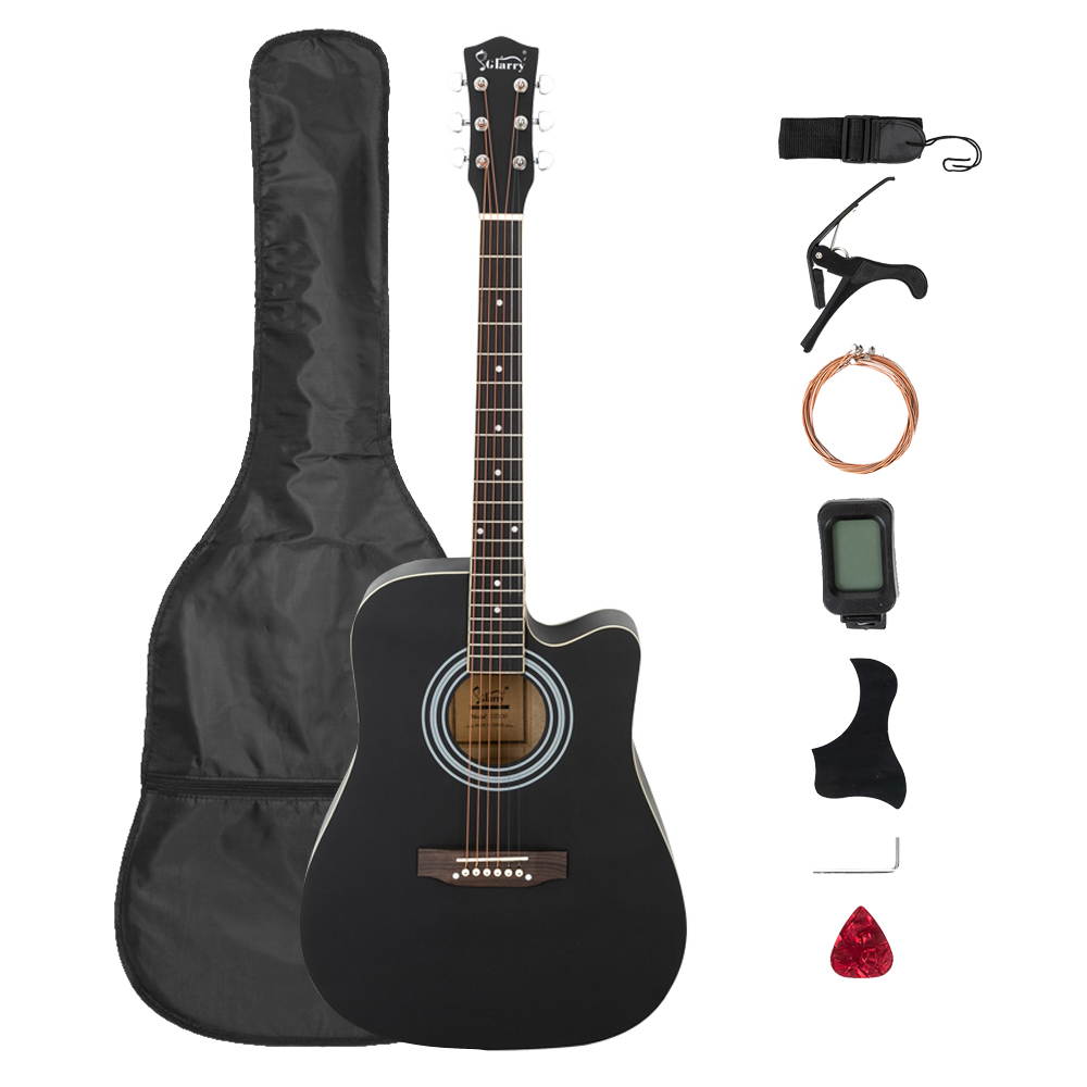 Glarry Gt509 41 Inch Spruce Panel Matte Edging EQ Folk Guitar Bag Shield Wrench Tuner Capo Shoulder Strap String Paddles Black