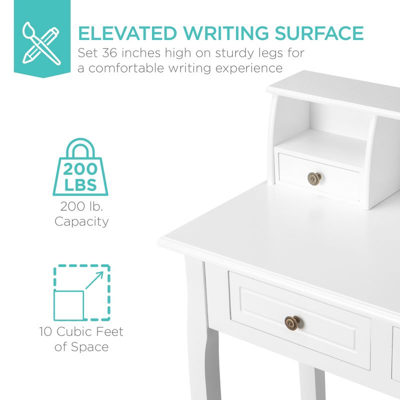 Best Choice Products 32in Colonial Writing Desk for Home Office Study w/ 4 Drawers, 2 Cubbies, Floating Hutch - White