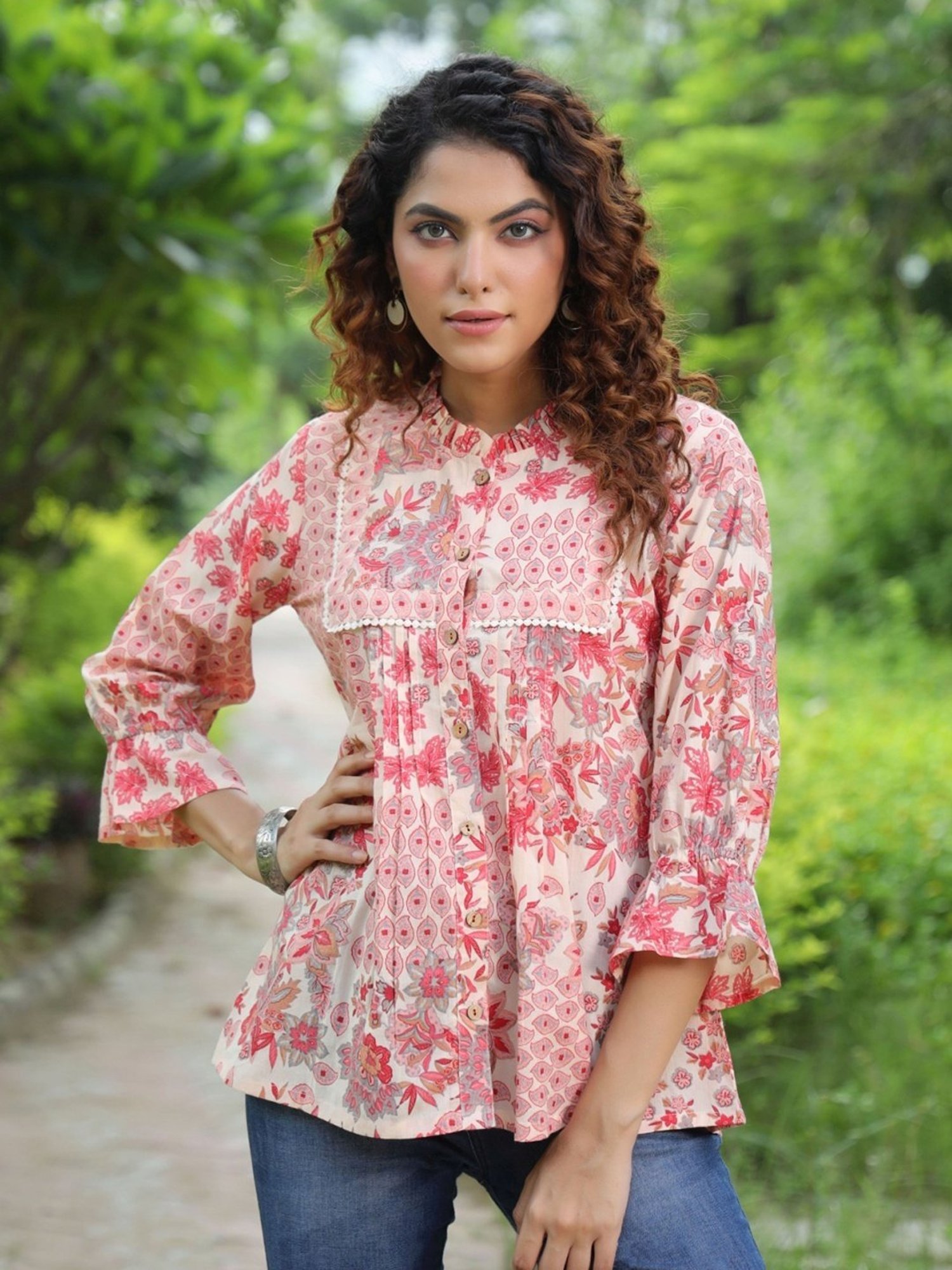 Rain and Rainbow Peach Cotton Floral Print Top