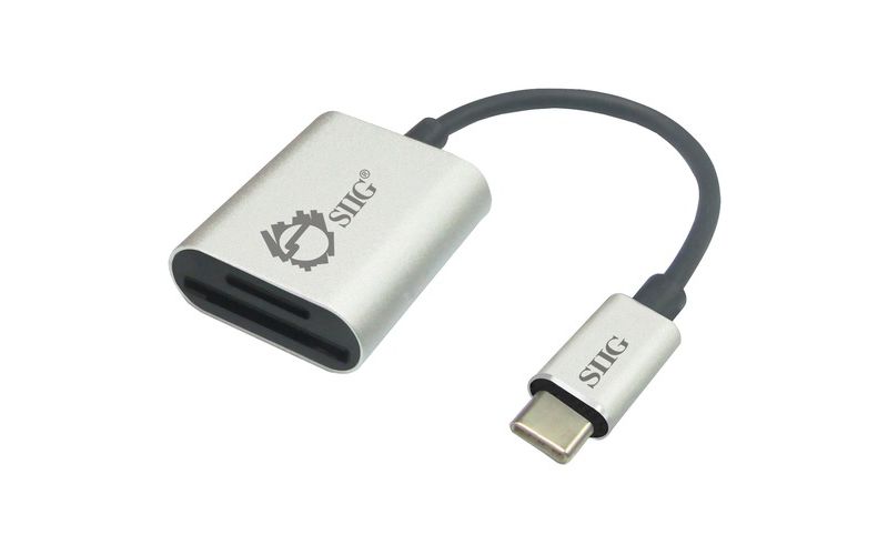 SIIG USB-C 2-in-1 Card Reader for SD & Micro SD - Silver - 2-in-1 - SD, SDHC, SDXC, TransFlash, microSD, microSDHC, microSDXC, MultiMediaCard (MMC)