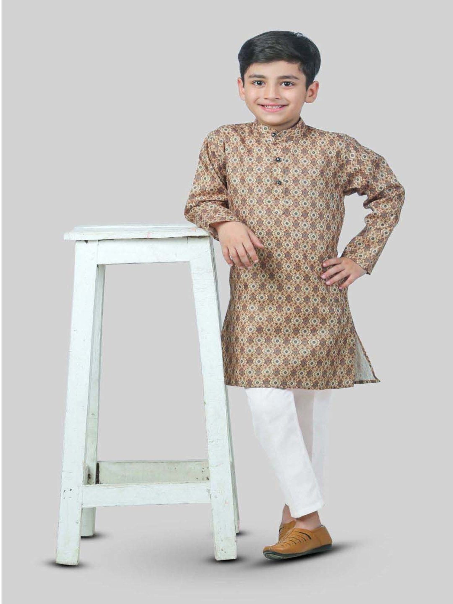 Ahhaaaa Kids Cream & White Cotton Handloom Full Sleeves Kurta Set
