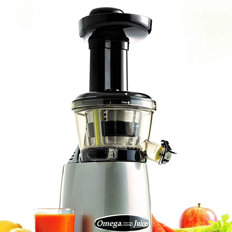 Omega VRT400HDS 80 RPM Vertical Low Speed Compact Continuous Cold Press Masticating Fruit and Vegetable Juicer Extractor, Silver