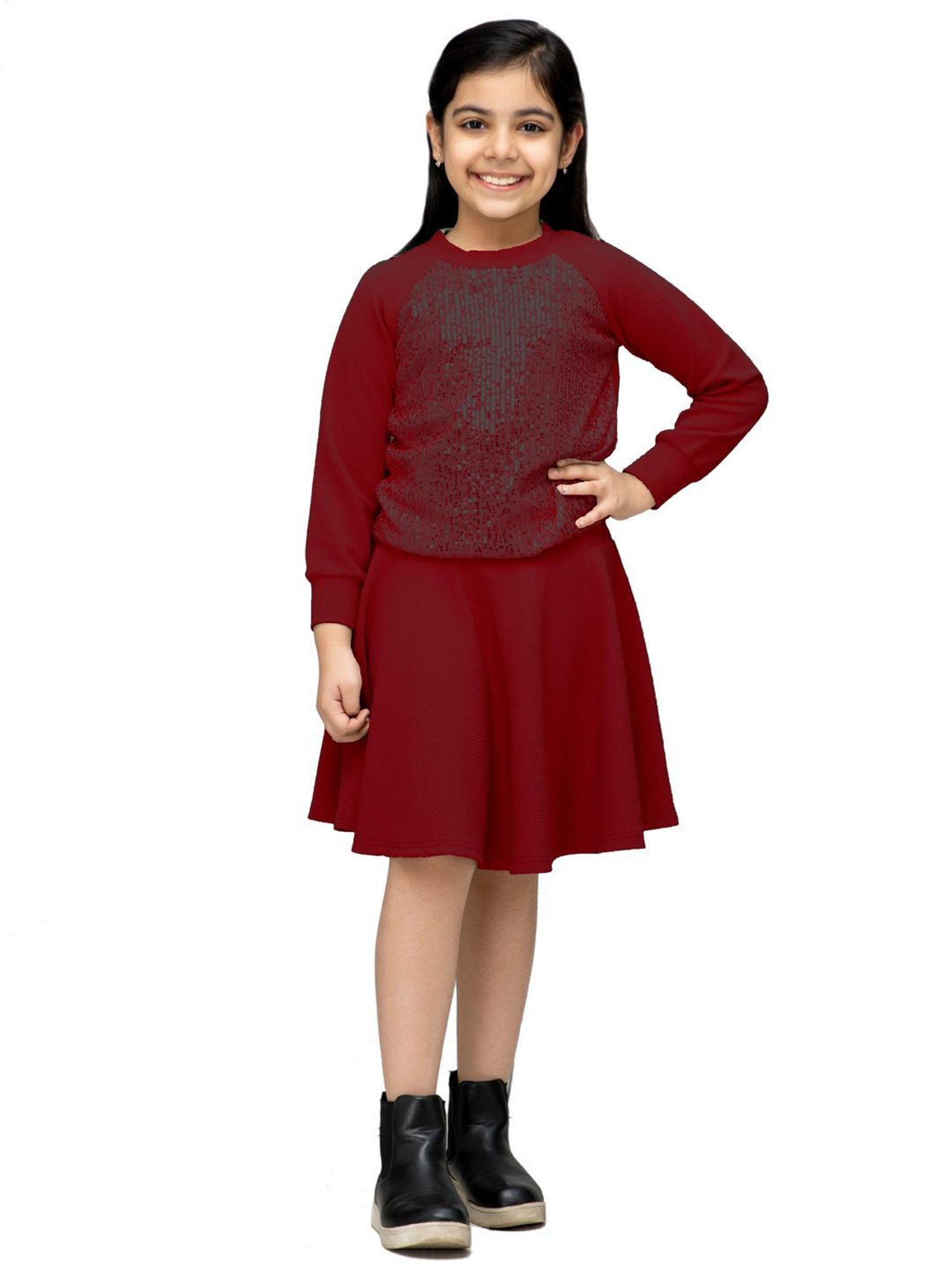 NEUDIS Kids Maroon Embellished Full Sleeves Top with Skirt