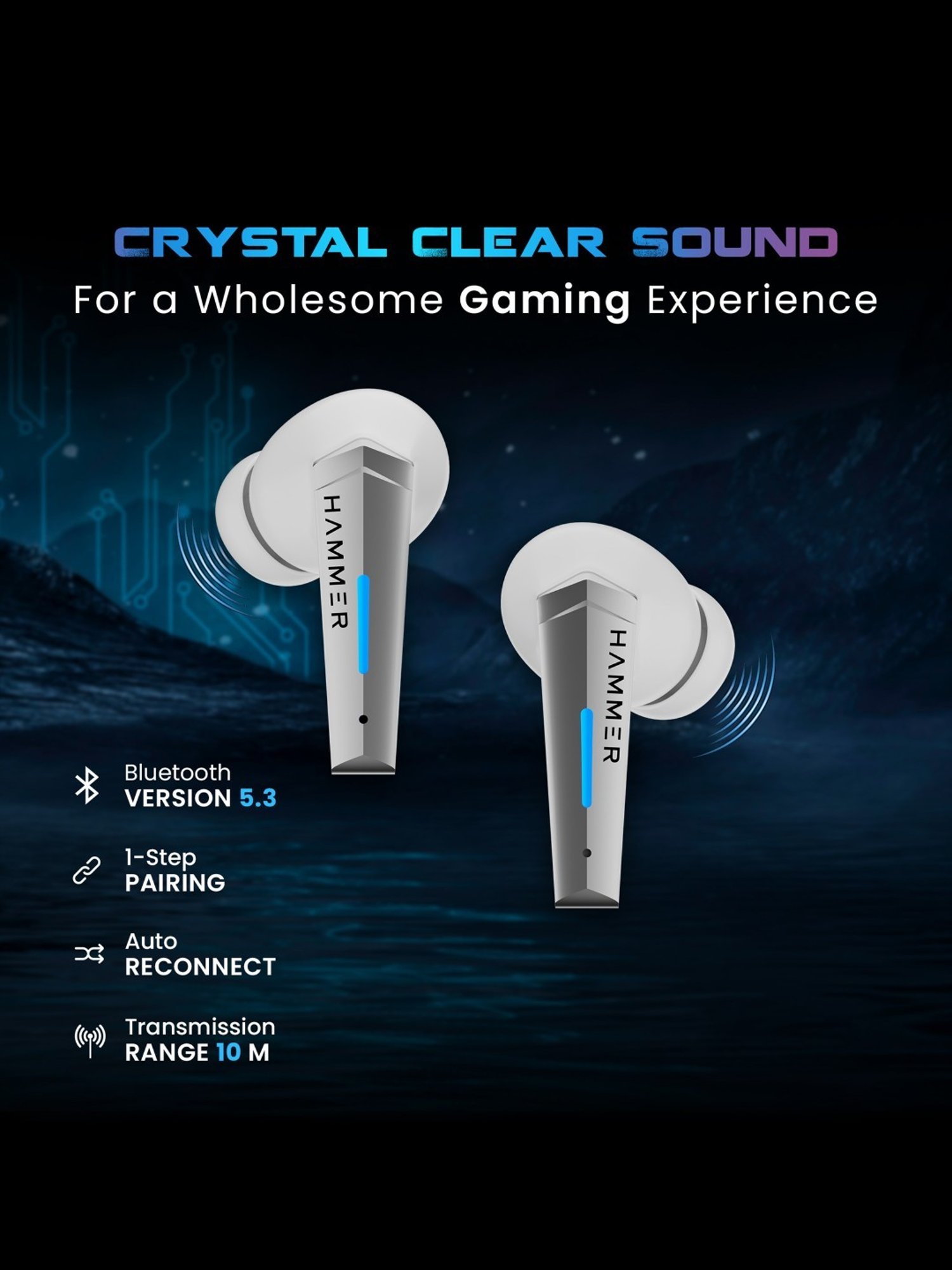 Hammer Arcade in-Ear Earbuds with RGB Lights,50ms Low Latency, 20H Playtime(White, True Wireless)