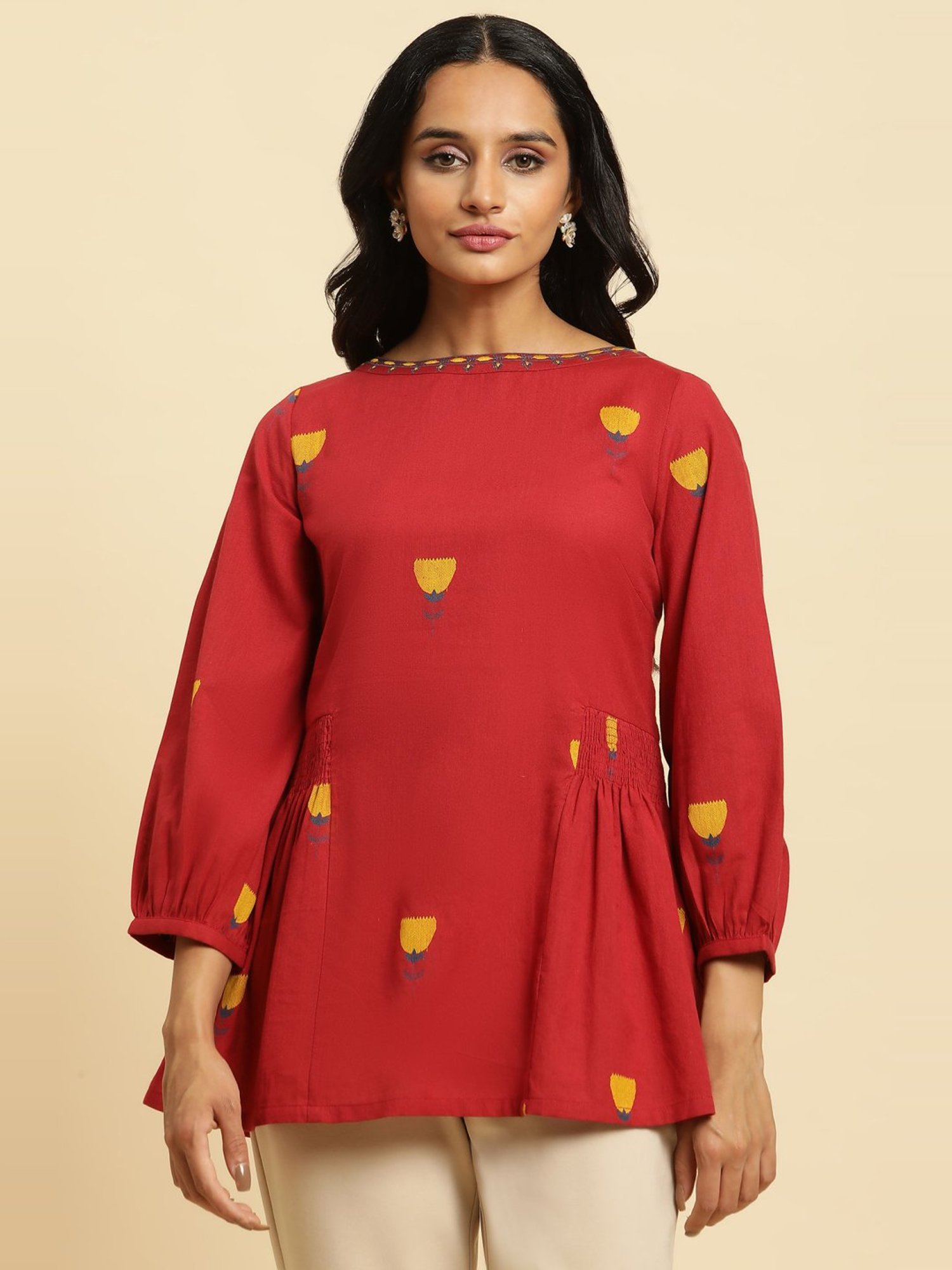 W Red Cotton Embroidered Top