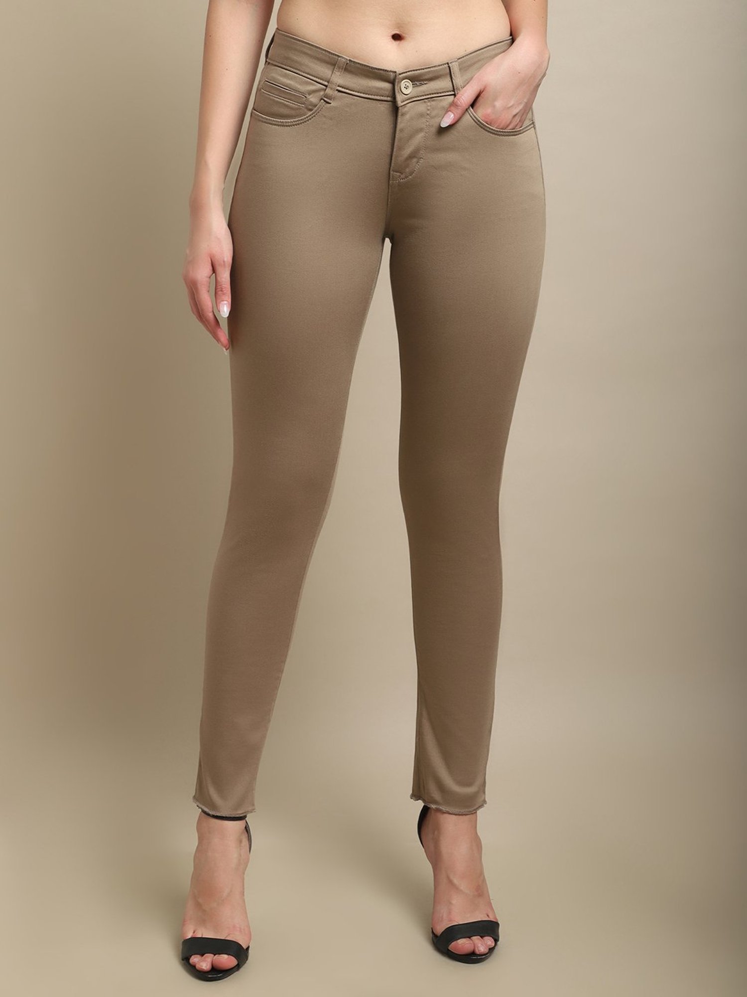 Crozo By Cantabil Beige Regular Fit Mid Rise Trousers
