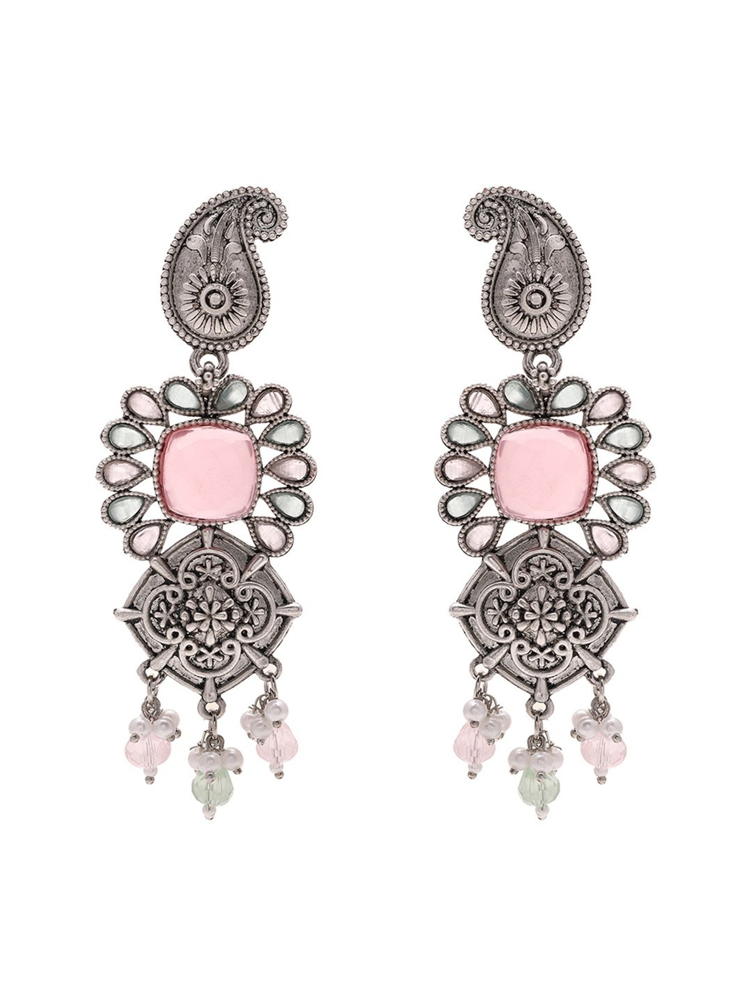 Priyaasi Mango Shaped Tribal Pink Stoned Dangler Earrings