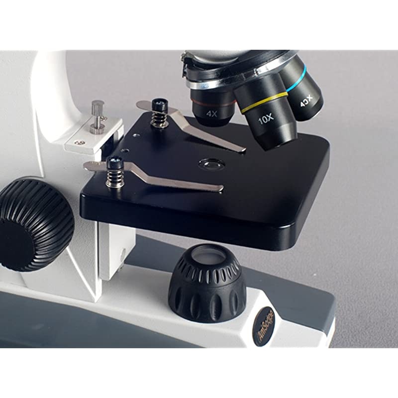 M148C-PB10-WM Compound Monocular Microscope, WF10x and WF25x Eyepieces, 40x-1000x Magnification, LED Illumination, Brightfield, Single-Lens Condenser, Plain Stage, 110V or Battery-Powered, Includes 5