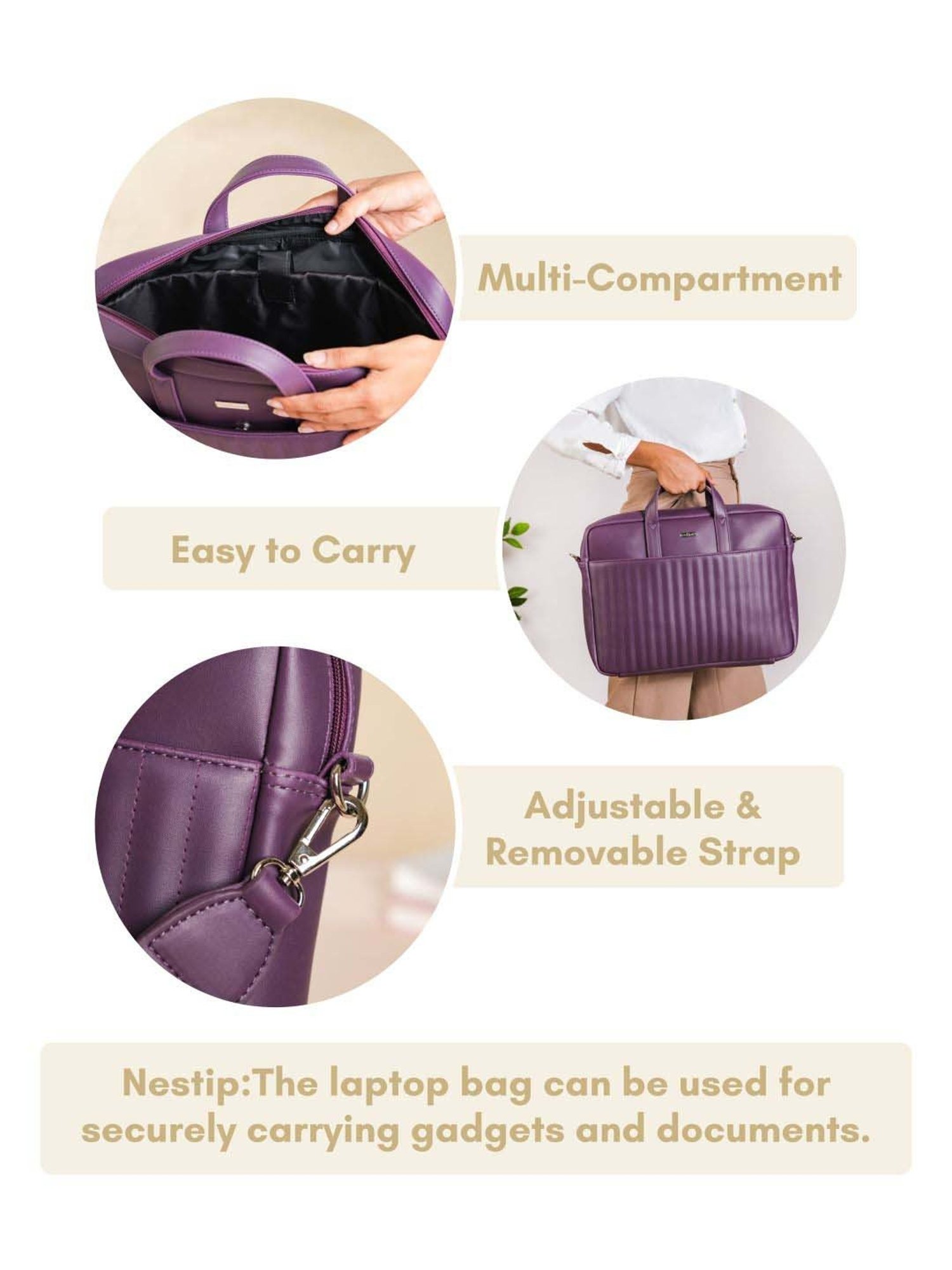 Nestasia Vegan Leather 15.6-inch Purple Color Laptop Bag for Men and Women