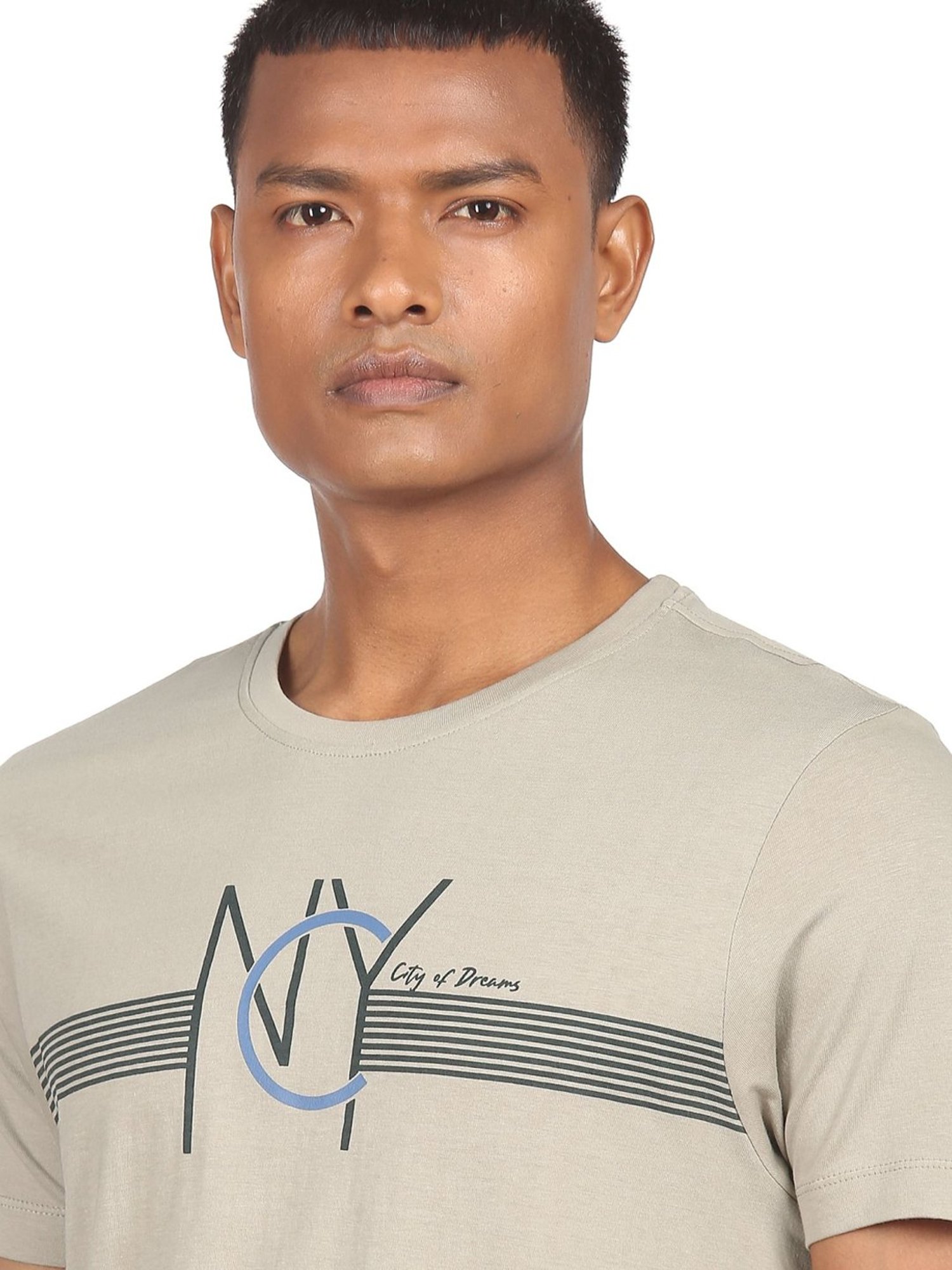 Arrow New York Light Olive Cotton Regular Fit Printed T-Shirt