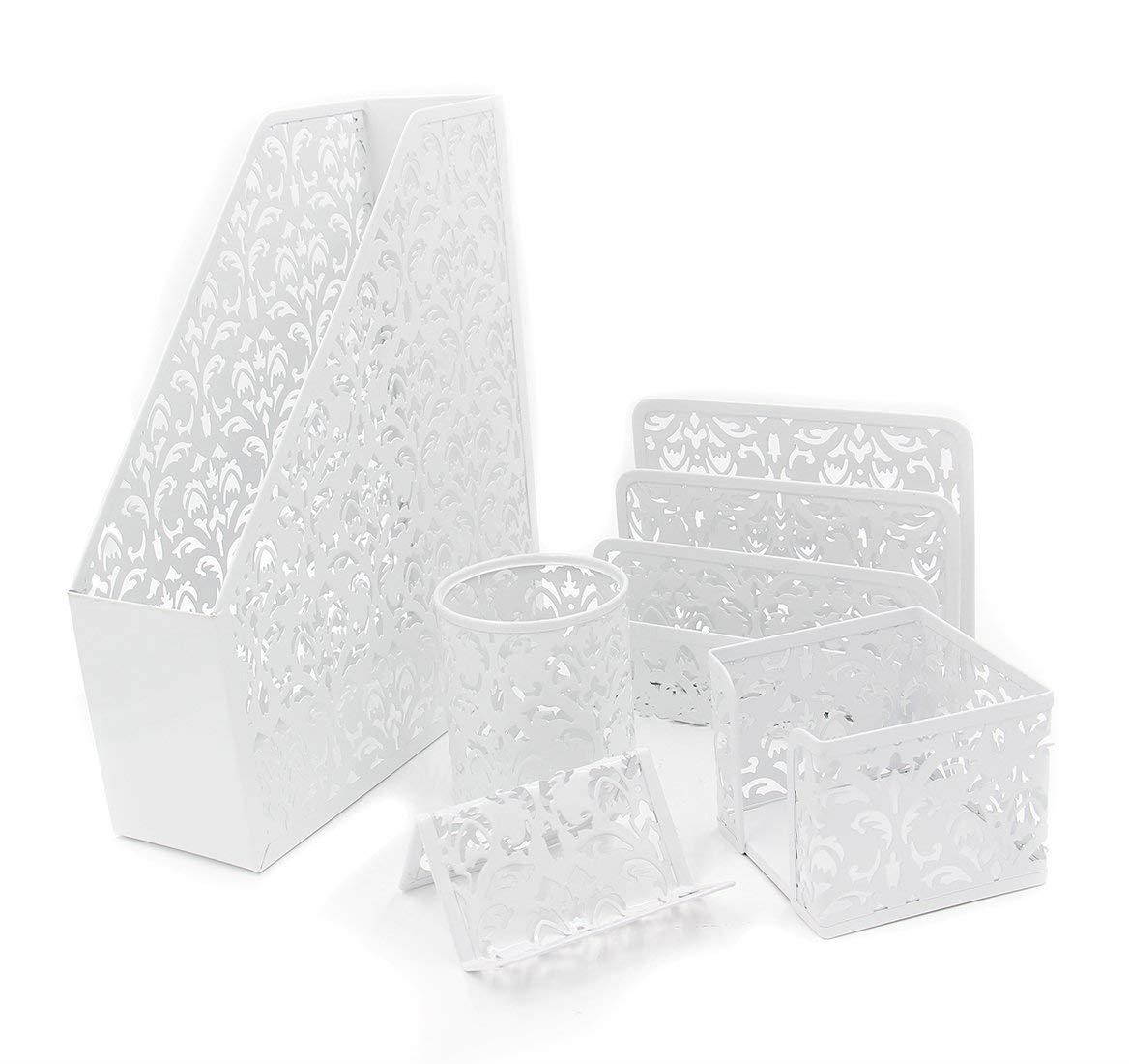 EasyPAG Carved Hollow Flower Pattern 5 in 1 Desk Organizer Set - File Holder,Letter Sorter, Pen Holder,Business Card Holder and Stick Note Holder-White