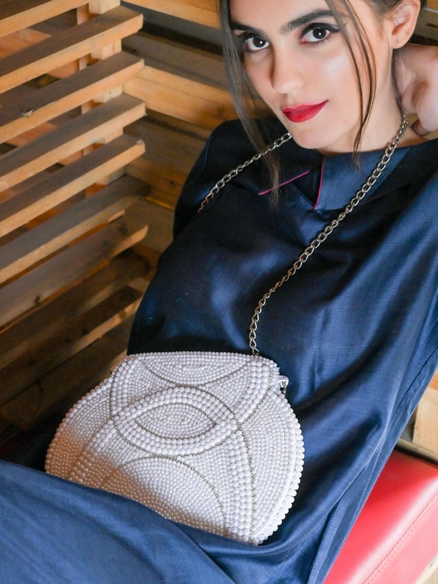 Odette White Embellished Sling Handbag