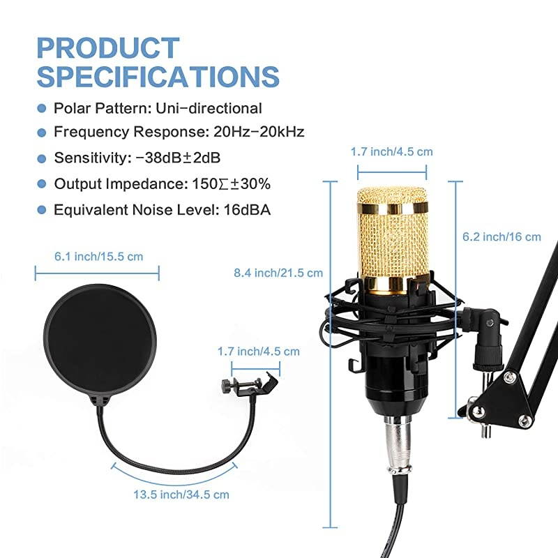 Professional Streaming Podcast PC Microphone,  Cardioid Streaming Microphone PC Mic Kit with 3.5mm XLR Sound Card Boom Arm Shock Mount Pop Filter for YouTuber,Karaoke,Podcasting,Studio Recording