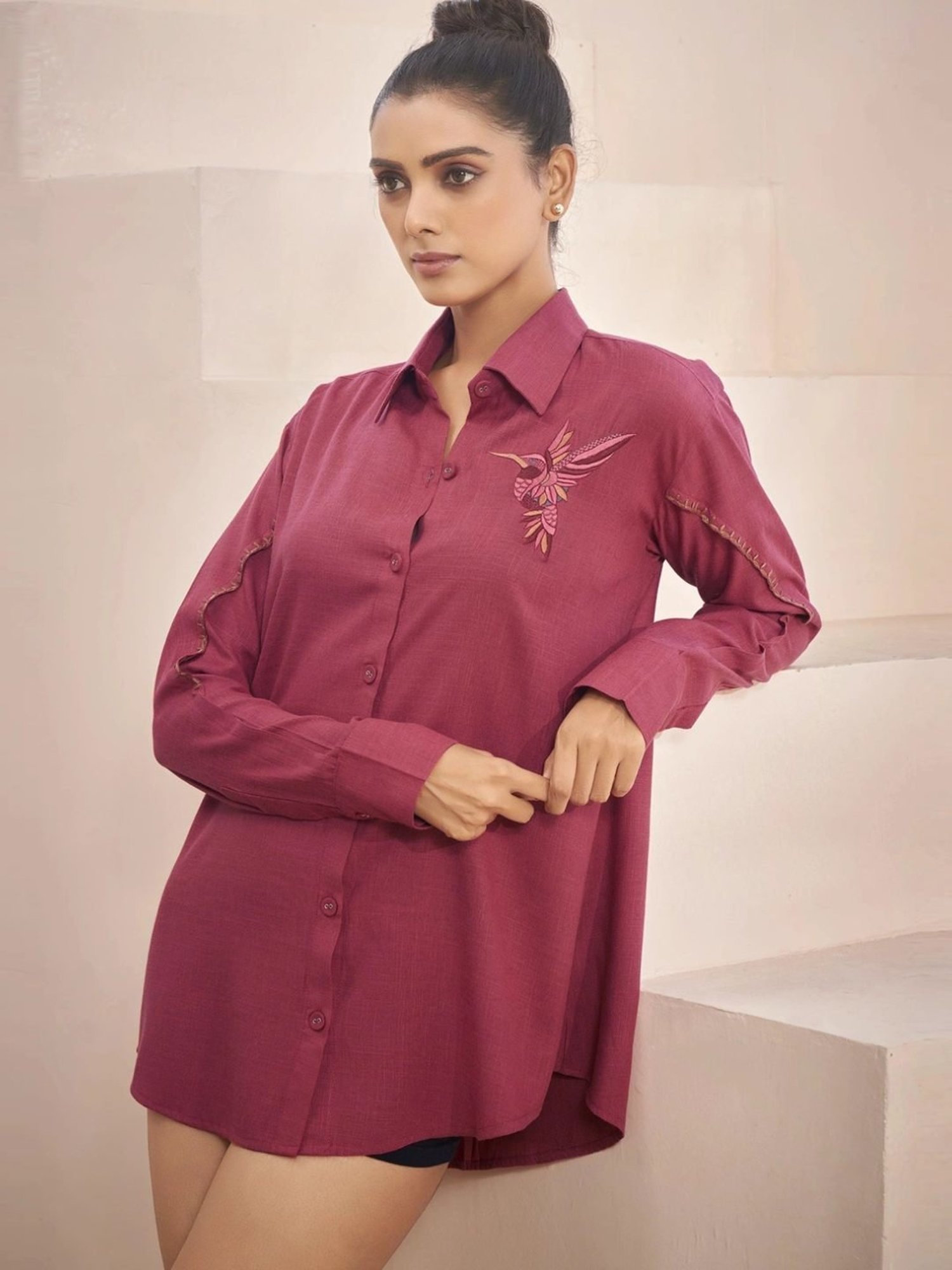 Kaftanize Red Linen Shirt with Thread Work Embroidery