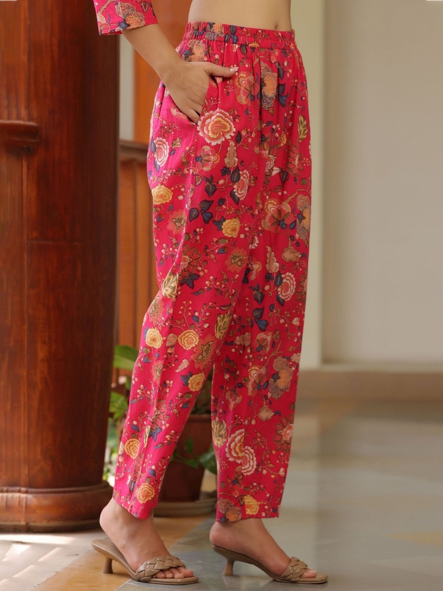 Rain and Rainbow Fuchsia Pink Cotton Floral Print Kurta Pant Set