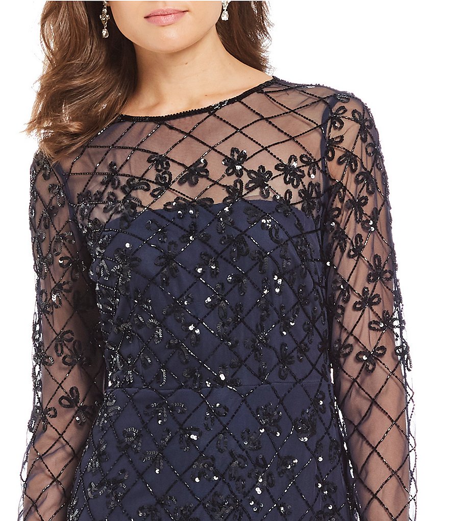 Adrianna Papell Round Neck Long Sleeve Beaded Sheath Dress