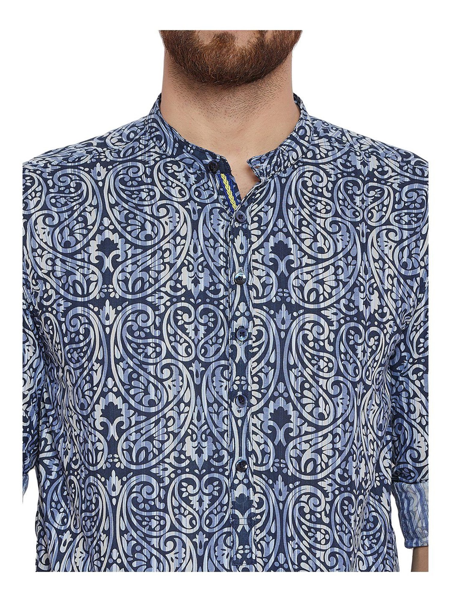 Even Blue Cotton Regular Fit Paisley Short Kurta