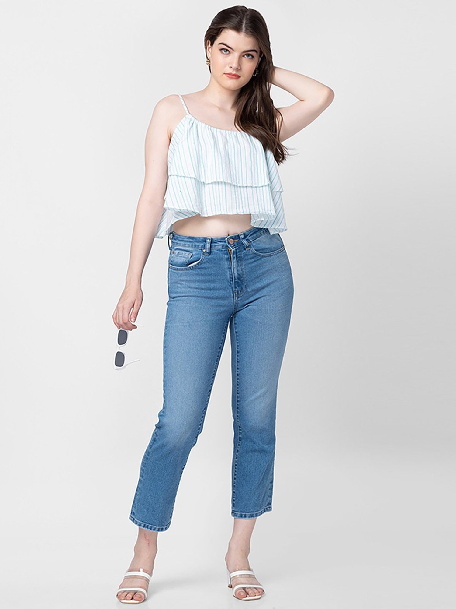Spykar White & Blue Cotton Crop Top