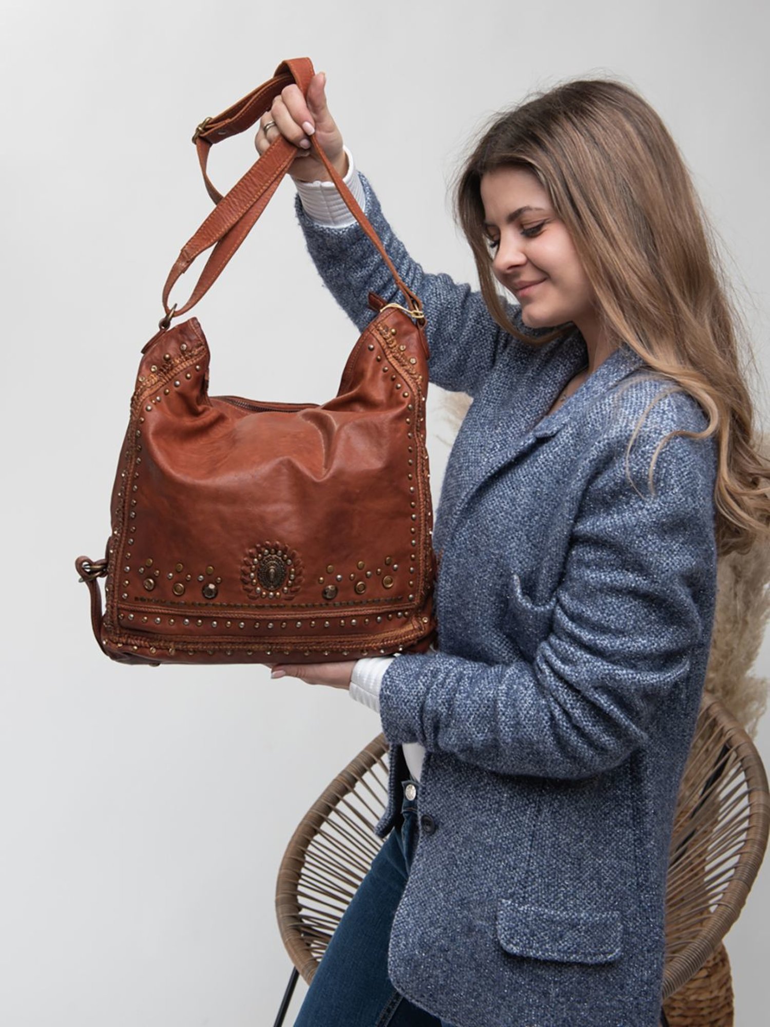 Art N Vintage Savio Cognac Leather Embellished Medium Sling Handbag