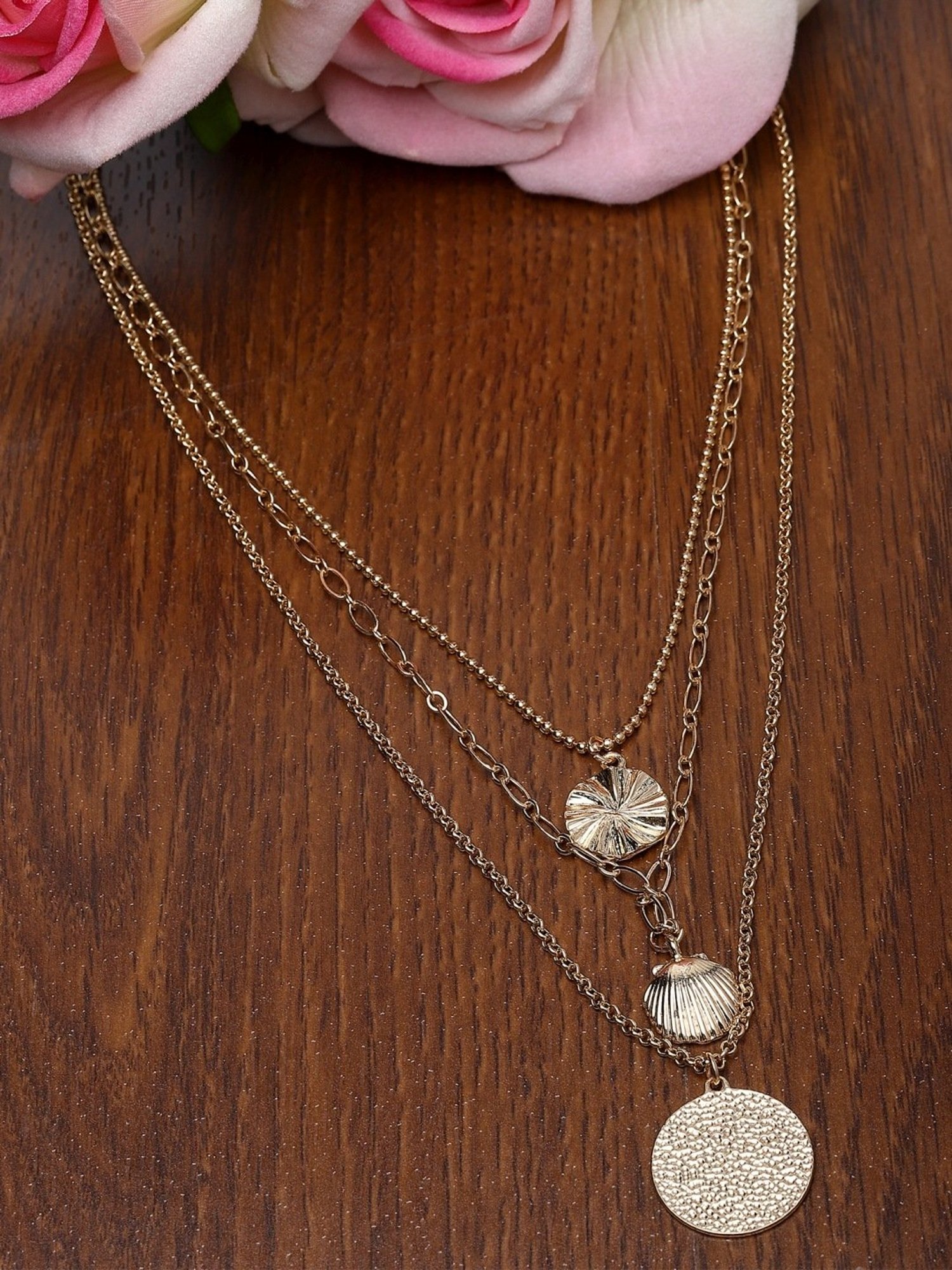 Karatcart Golden Sea Shell and Textured Disk Multicharm Multilayered Chain Women