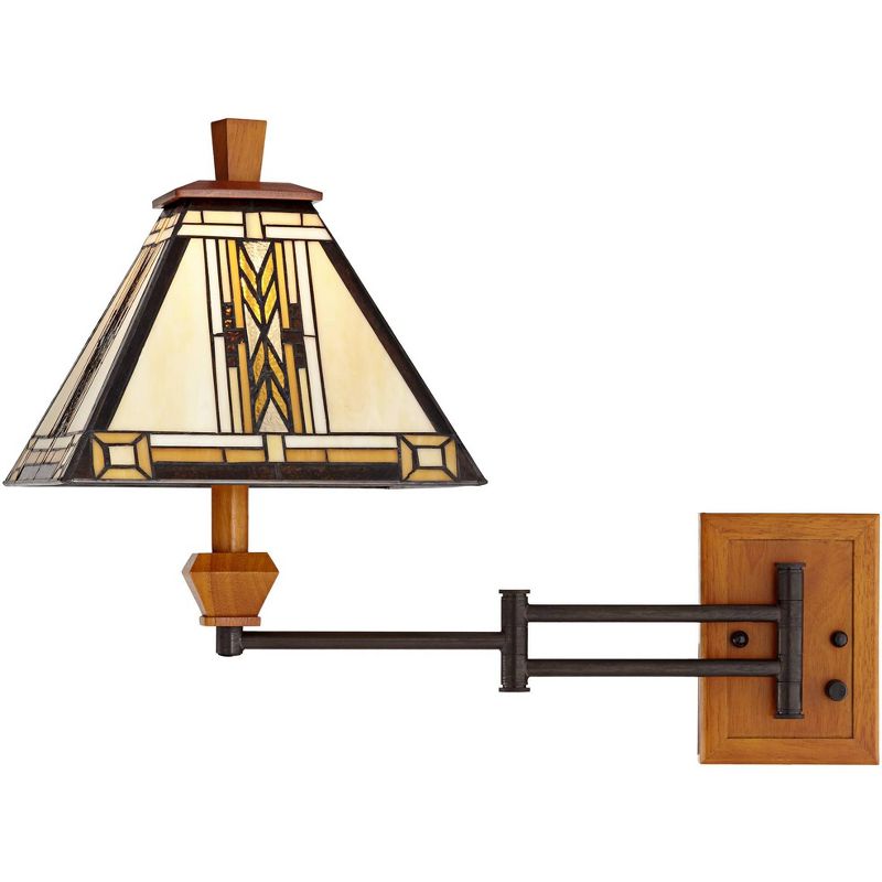 Robert Louis Tiffany Mission Swing Arm Wall Lamp Walnut Wood Plug-In Light Fixture Stained Glass for Bedroom Bedside Living Room