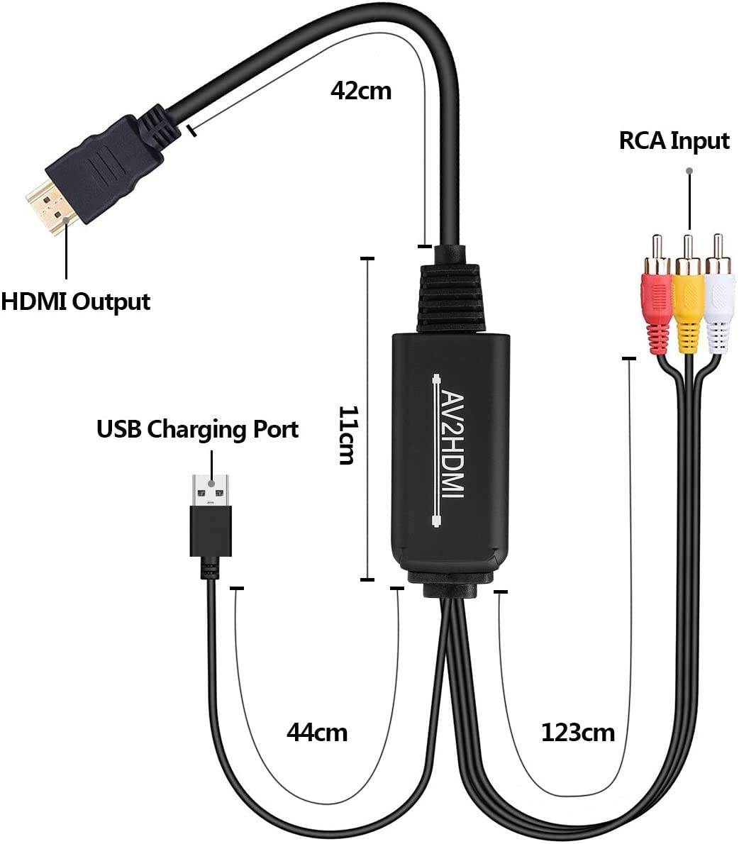 RCA to HDMI Converter Cable(Male to Male), AV to HDMI Converter Cable Cord, 3RCA CVBS Composite Audio Video to 1080P HDMI Supporting PAL NTSC