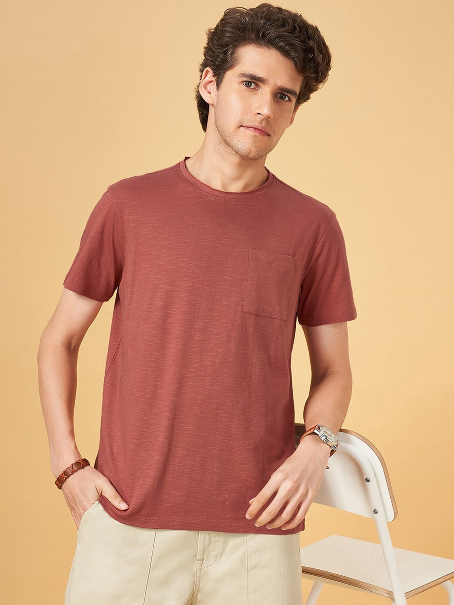 Urban Ranger by Pantaloons Aragon Cotton Slim Fit Texture T-Shirt