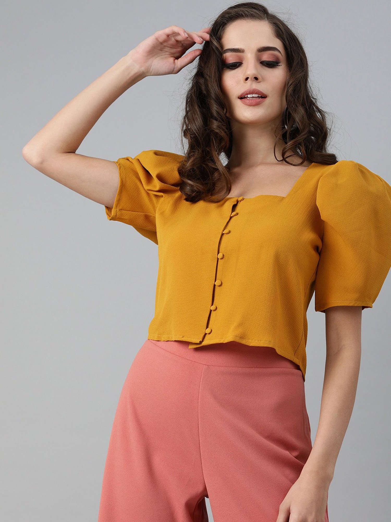 KASSUALLY Mustard Relaxed Fit Crop Top
