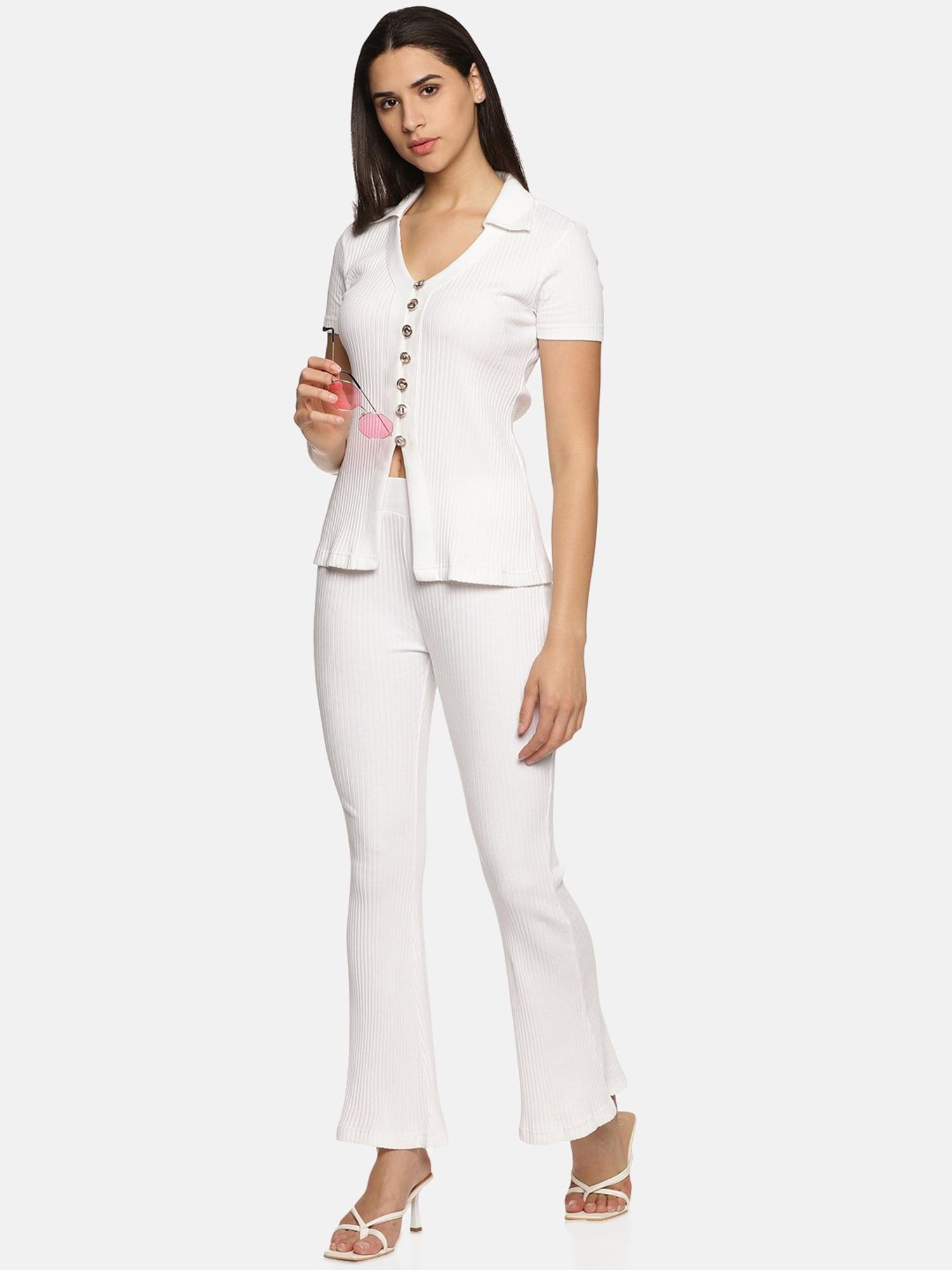 ISU White Cotton Slim Fit High Rise Pants