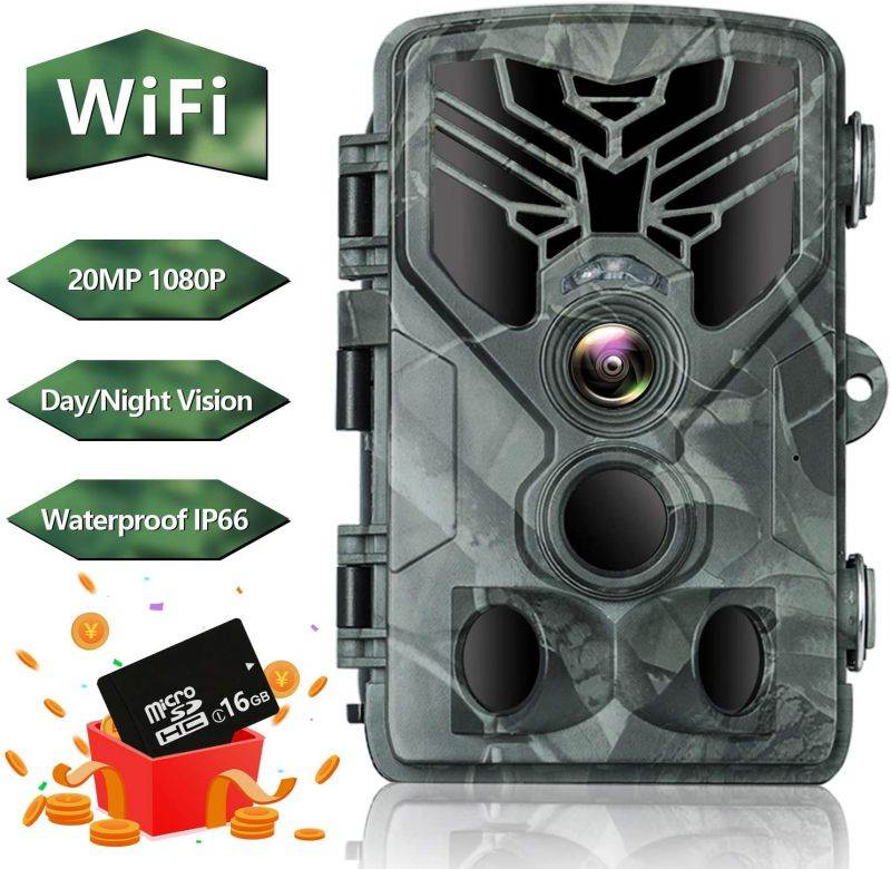 RINKMO Trail Camera, WiFi Game Camera with 20MP 1080P, Night Vision Motion Activated Waterproof IP66, 44pcs Infrared LED, 3 Infrared Sensors for Deer Hunting, 120&deg; Wide Angle FMC Lens(Micro SD Card)