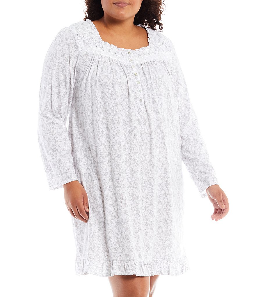 Eileen West Ditsy Floral Print Jersey Knit Square Neck Long Sleeve Short Nightgown