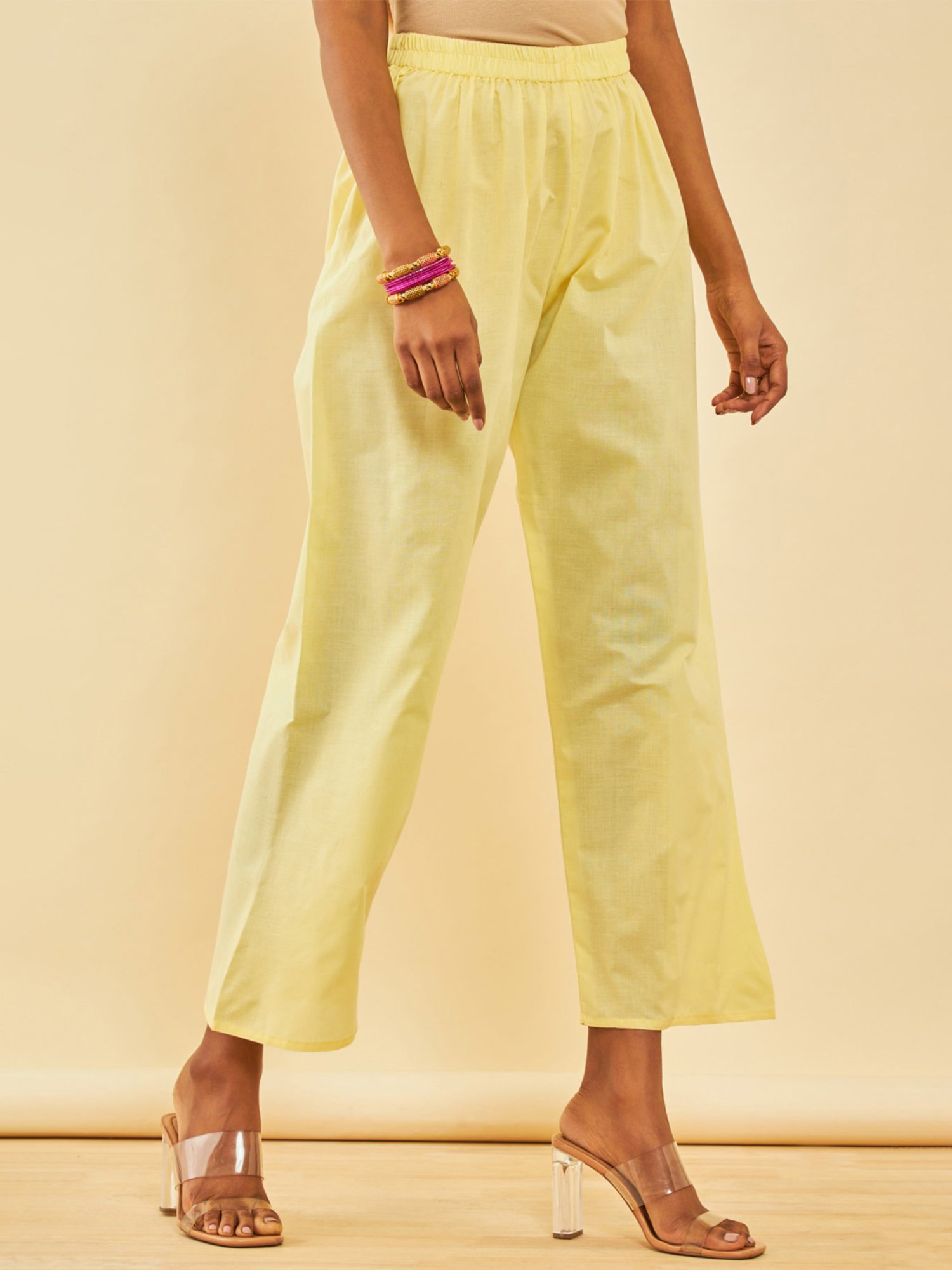 Soch Light Yellow Cotton Kalamkari Unstitch Dress Material With Faux Mirror