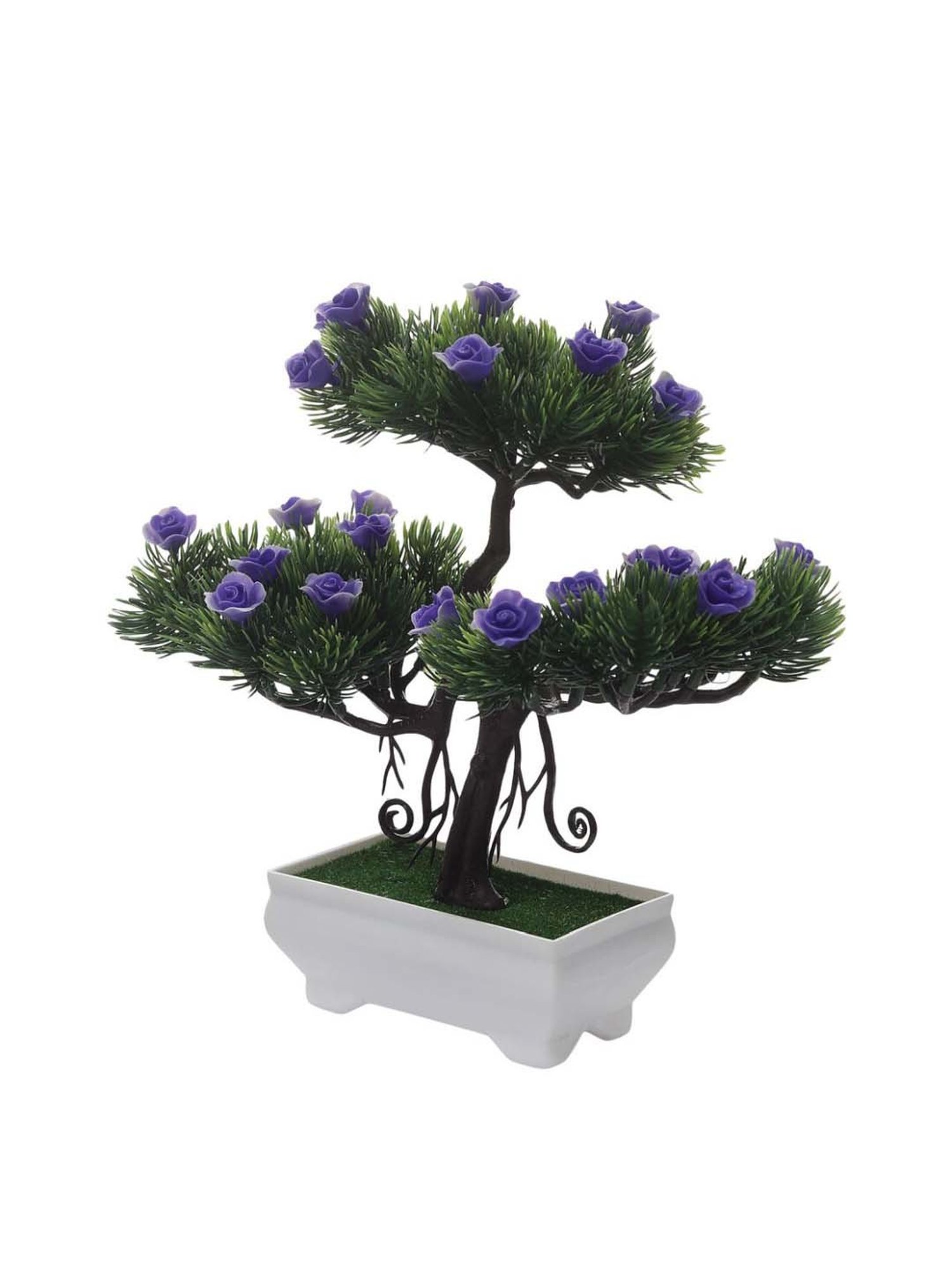 Foliyaj Purple & Green Plastic Artificial New Triple-Headed Bonsai Tree With Small Flowers