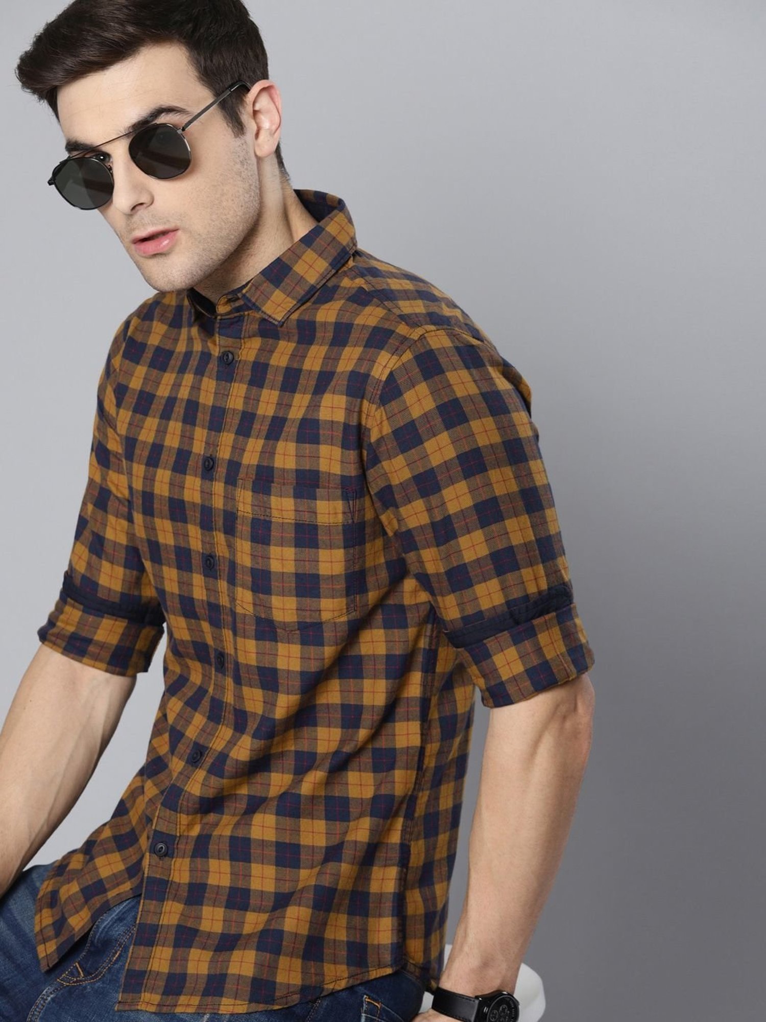 Dennis Lingo Mustard & Navy Cotton Slim Fit Checks Shirt