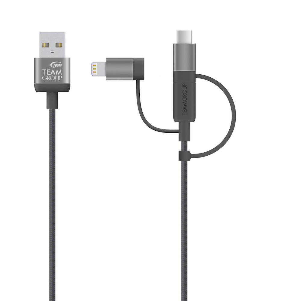 TEAMGROUP Apple MFi certified 3 in 1 Charging Cable WC0C USB2.0 Micro B Lightning USB2.0 Type C 3.3 ft  Gray
