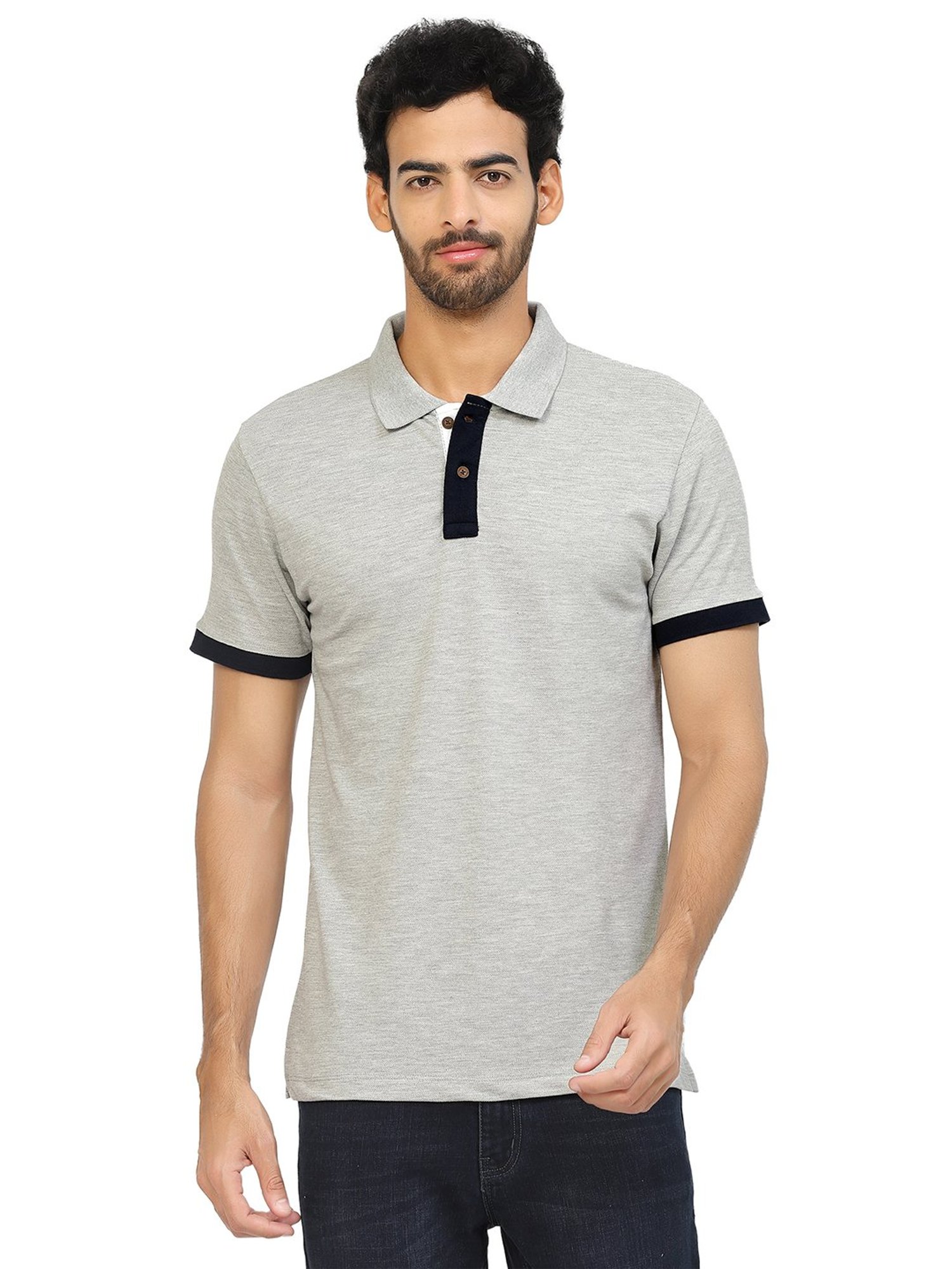 Kalt Light Grey Melange Regular Fit Polo T-Shirt