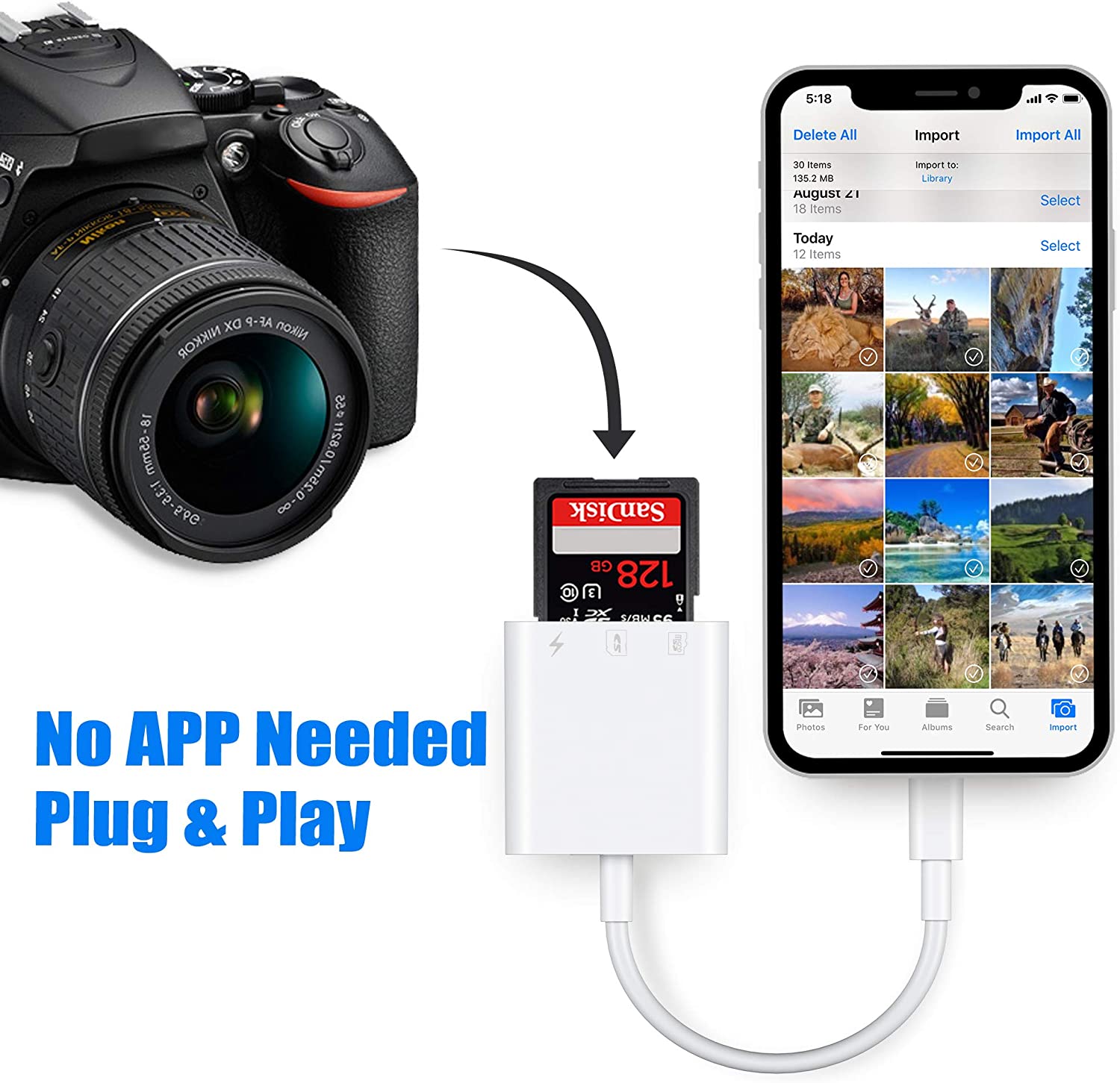 SD Card Reader for iPhone iPad,DSLR Camera Trail Game Camera Dash Cams SD/Micro SD Card Reader,Memory Card Camera Reader Adapter,Plug and Play,No App Required