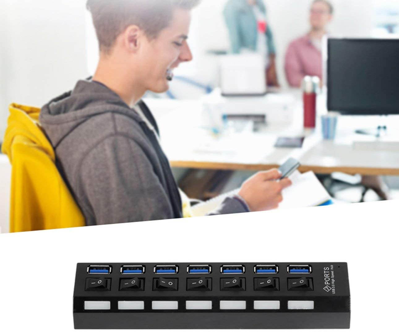 7 Ports Expander USB 3.0 HUB & On/Off Switch Multi USB Splitter with Power Adapter for PC Laptop