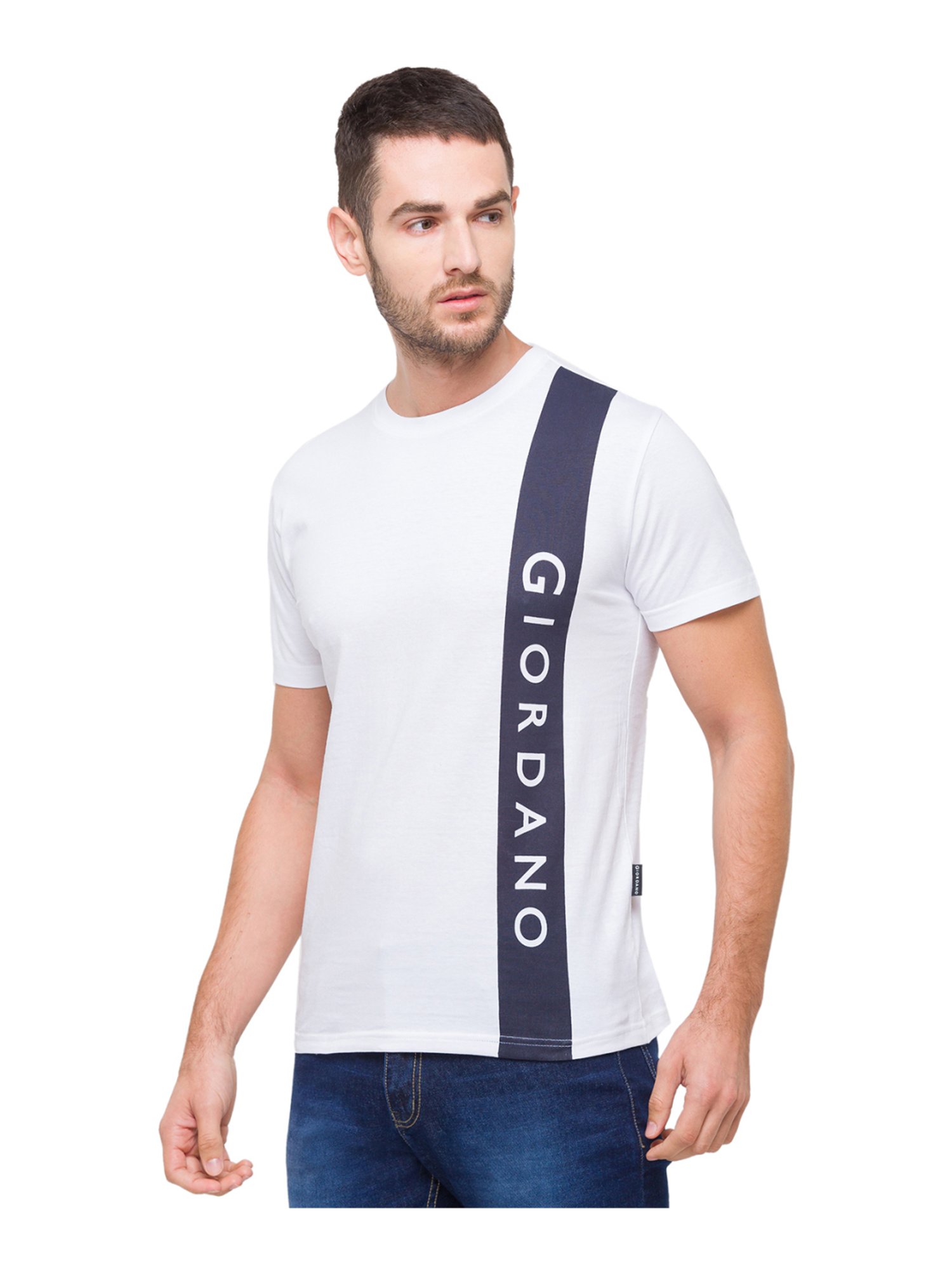 Giordano White Cotton Slim Fit Logo Printed T-Shirt