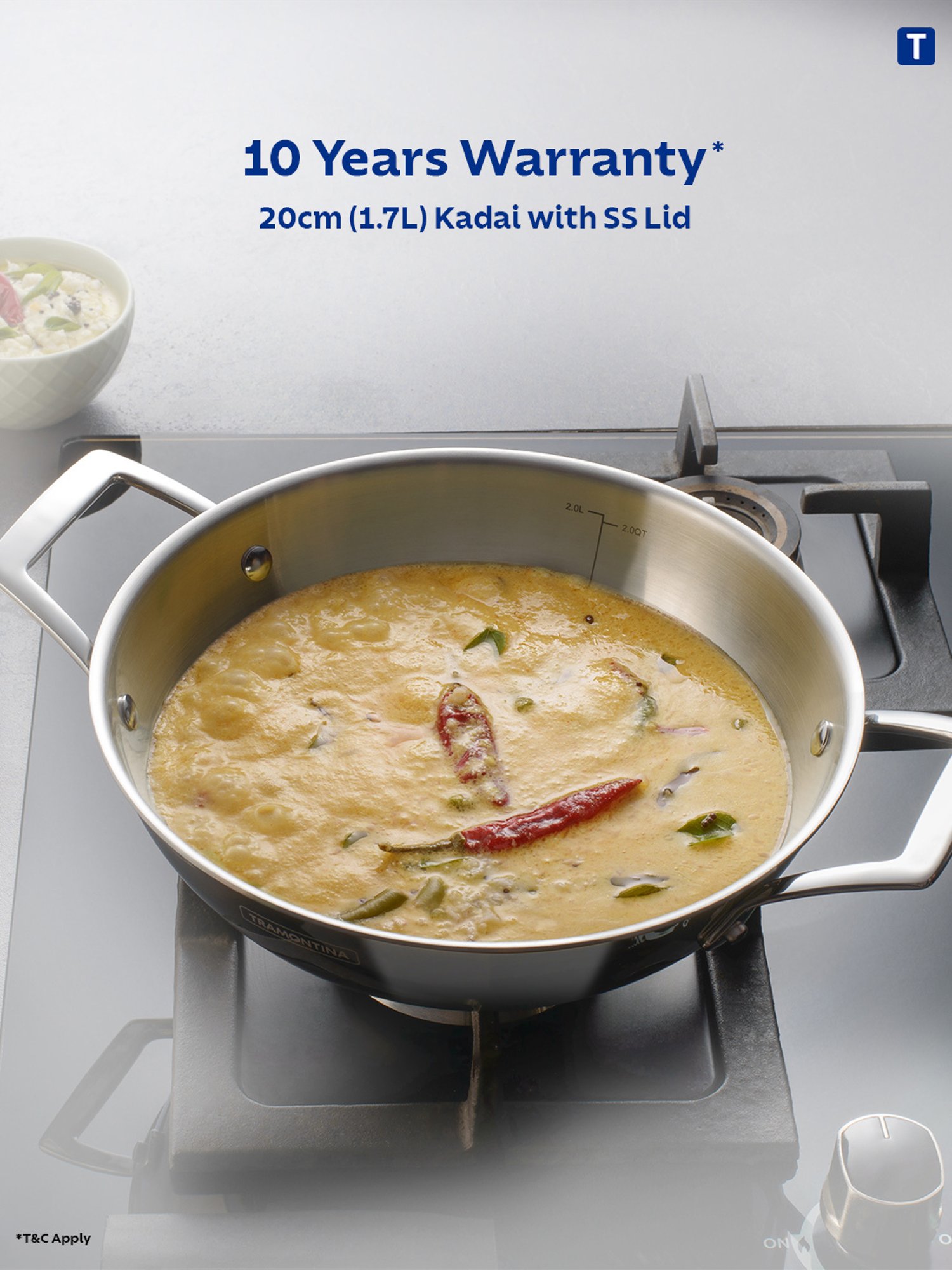 Tramontina Aeion Triply Non-Toxic Stainless Steel Kadai with lid 20cm/1.7L NSF Certified