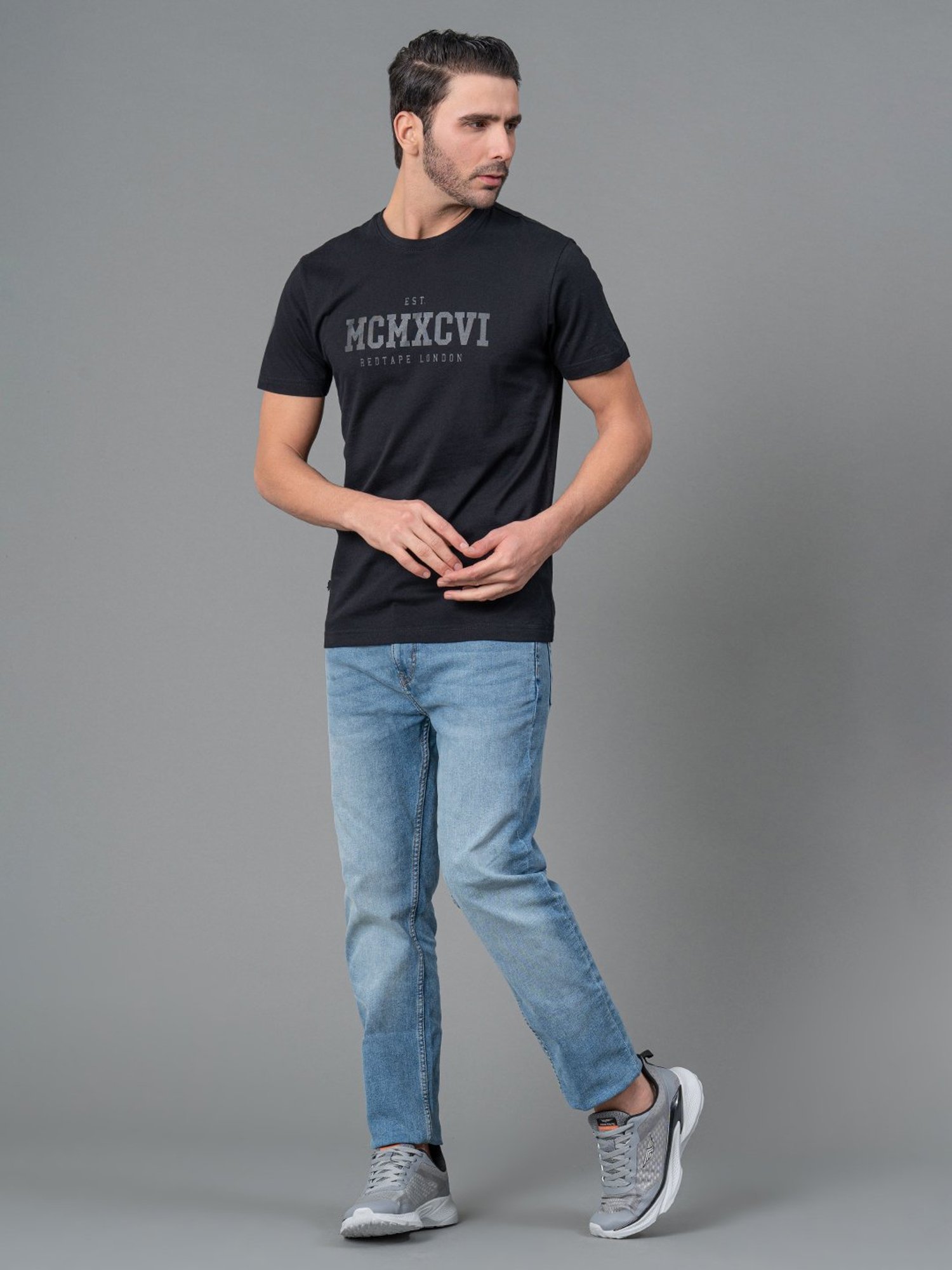 Red Tape Black Regular Fit Graphic Print Cotton Crew T-Shirt